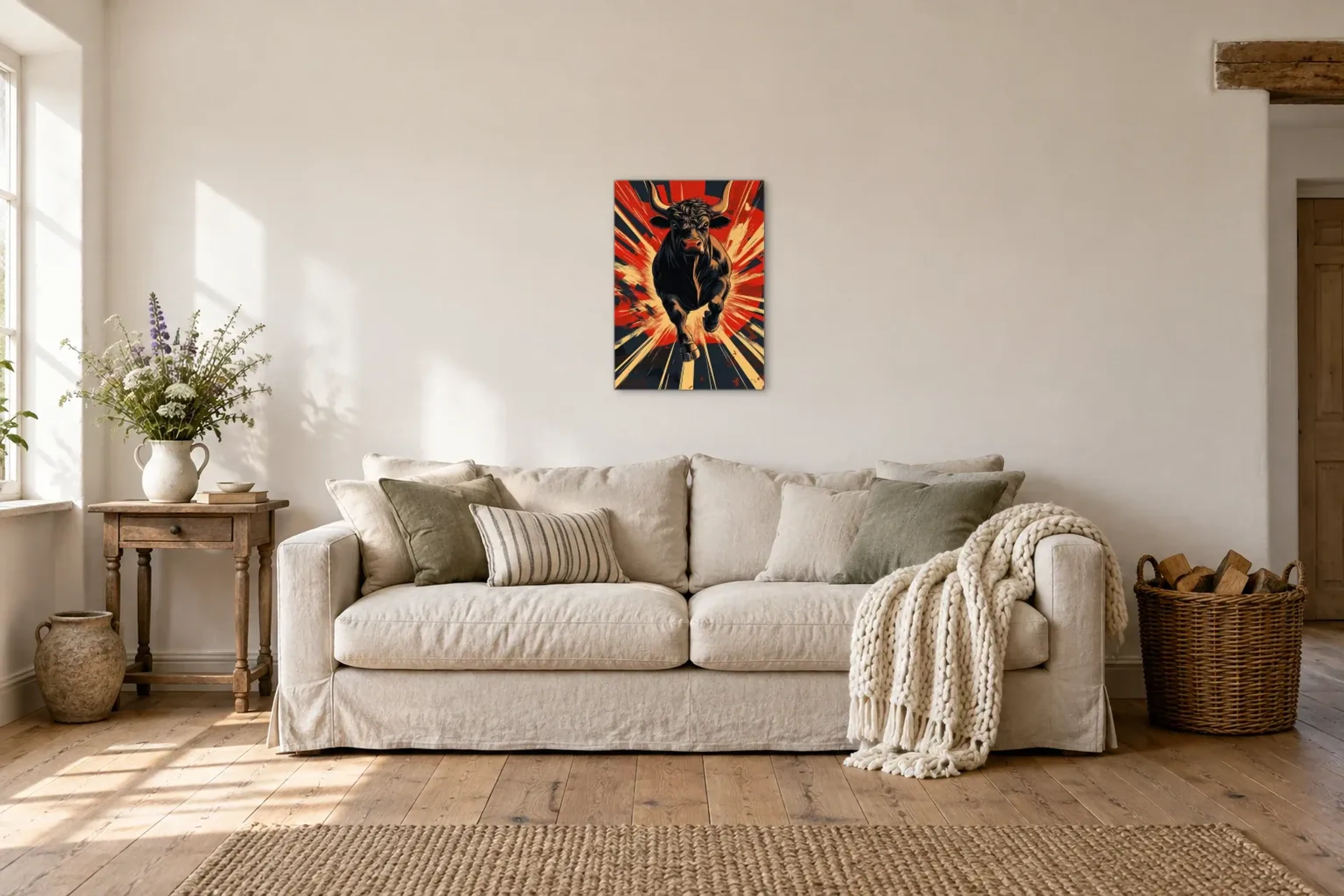 Stier in Bewegung als Wandbild über einem 220-cm-Sofa