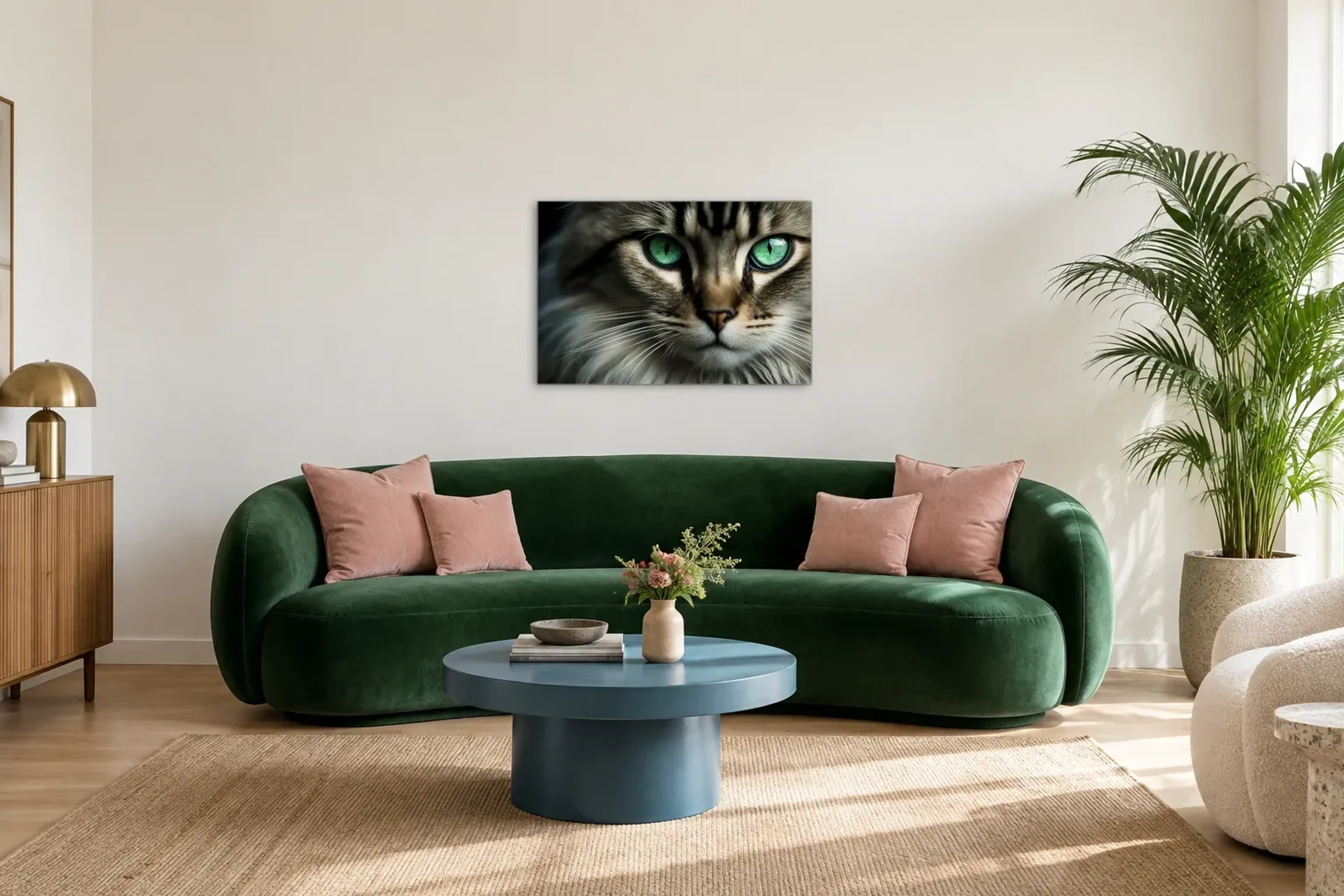 Katze mit grünen Augen als Wandbild über einem 220-cm-Sofa