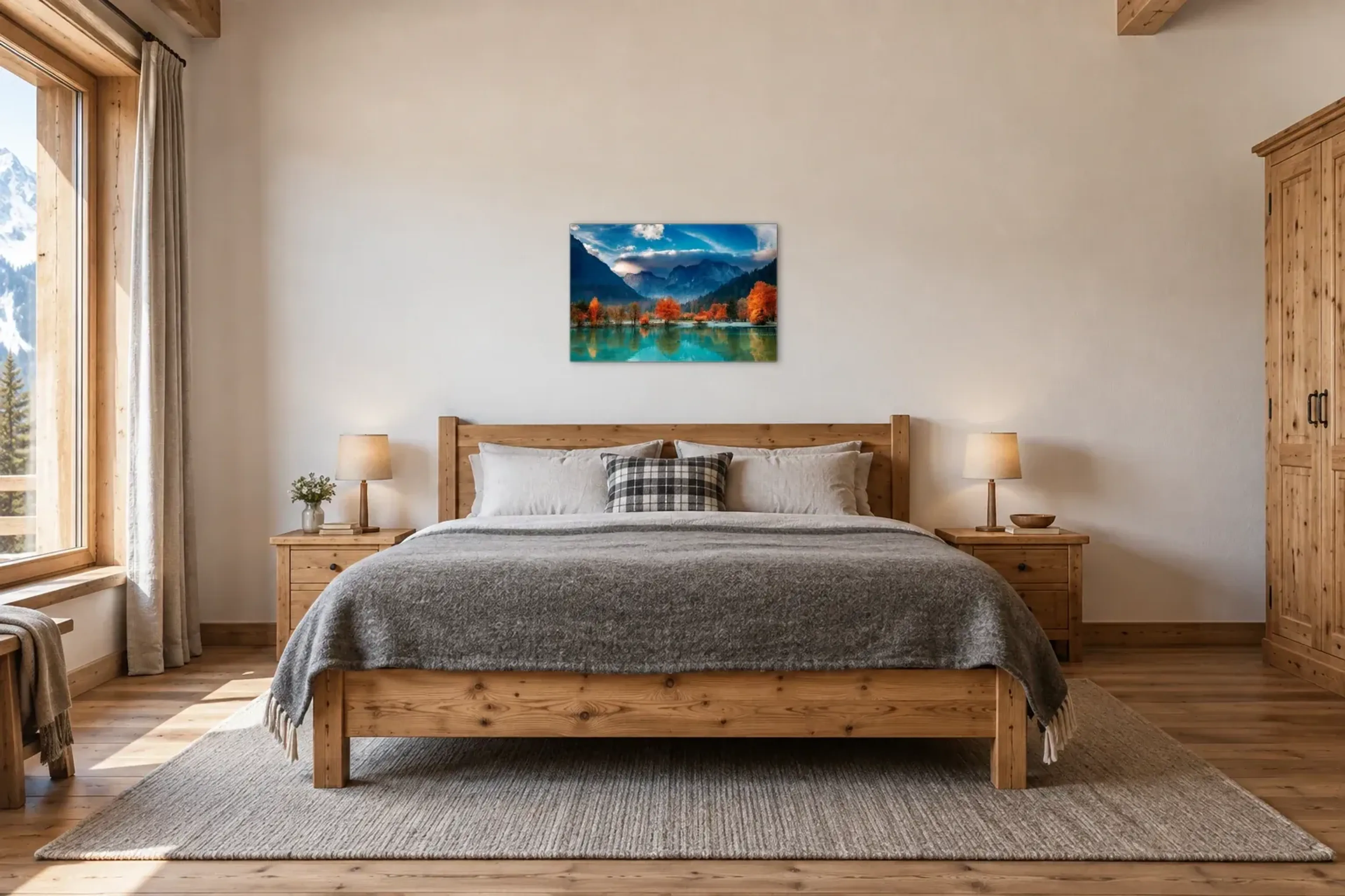 Herbstsee als Wandbild über einem 180-cm-Bett
