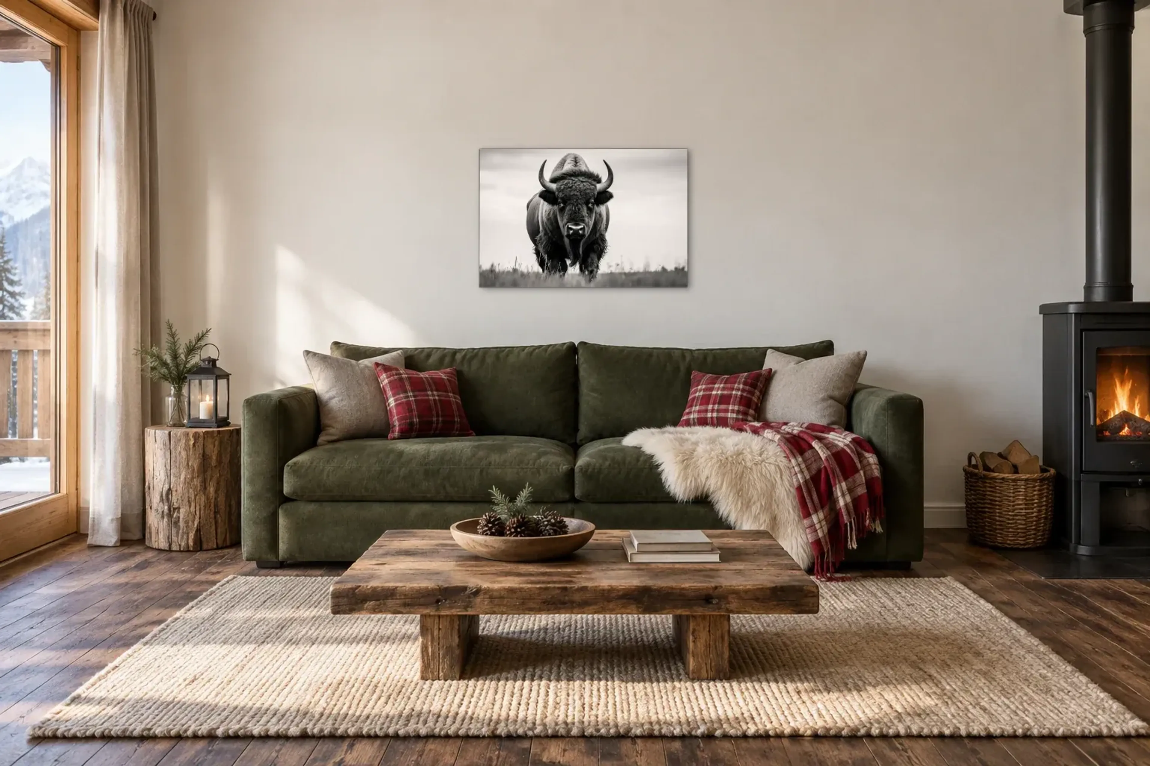 Bison frontal in Schwarz-Weiß aus der Kollektion Rinder im Raum