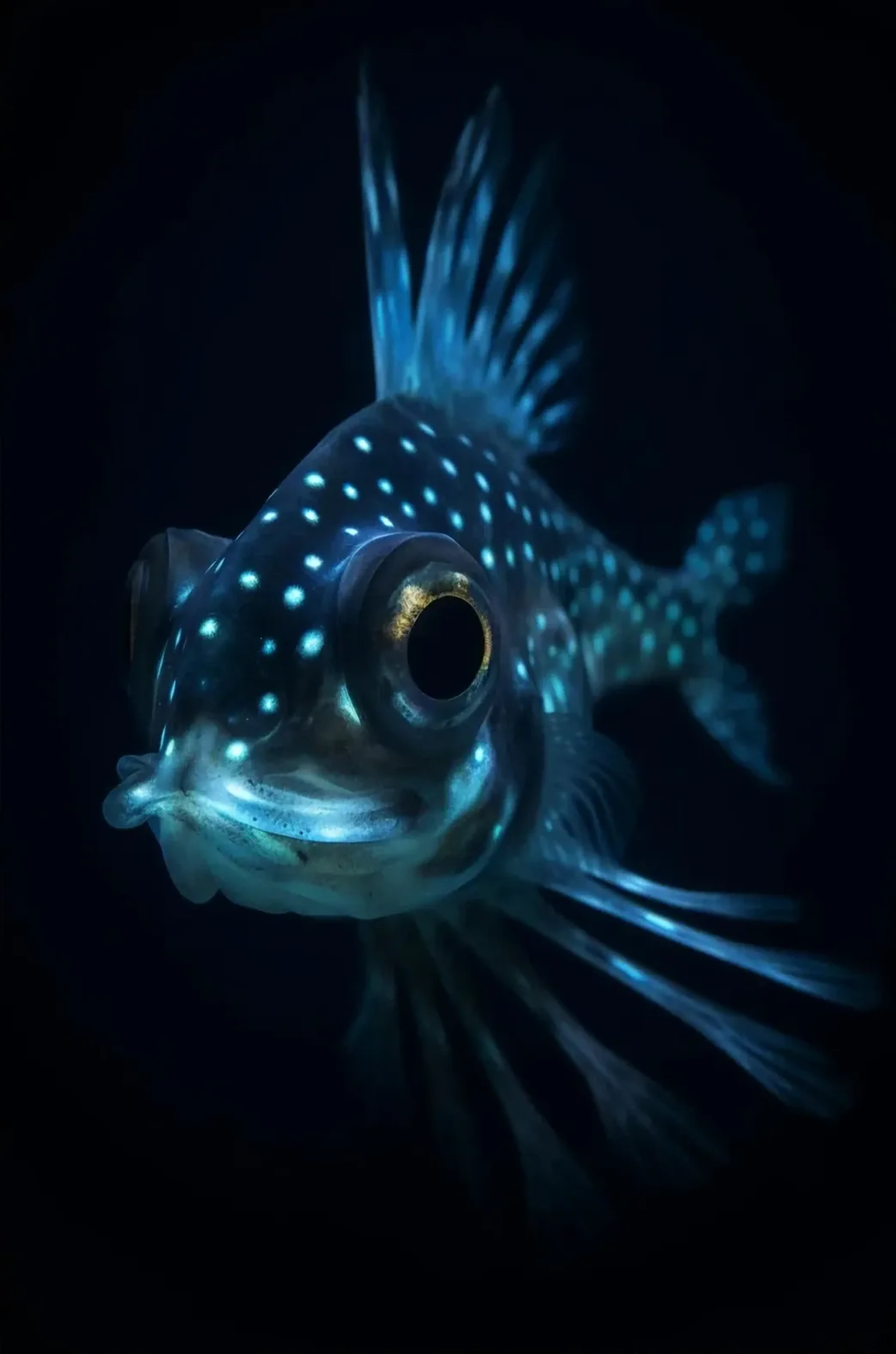 Dunkler Fisch mit großen Augen, langen Flossen und leuchtend blauen Punkten vor schwarzem Hintergrund.