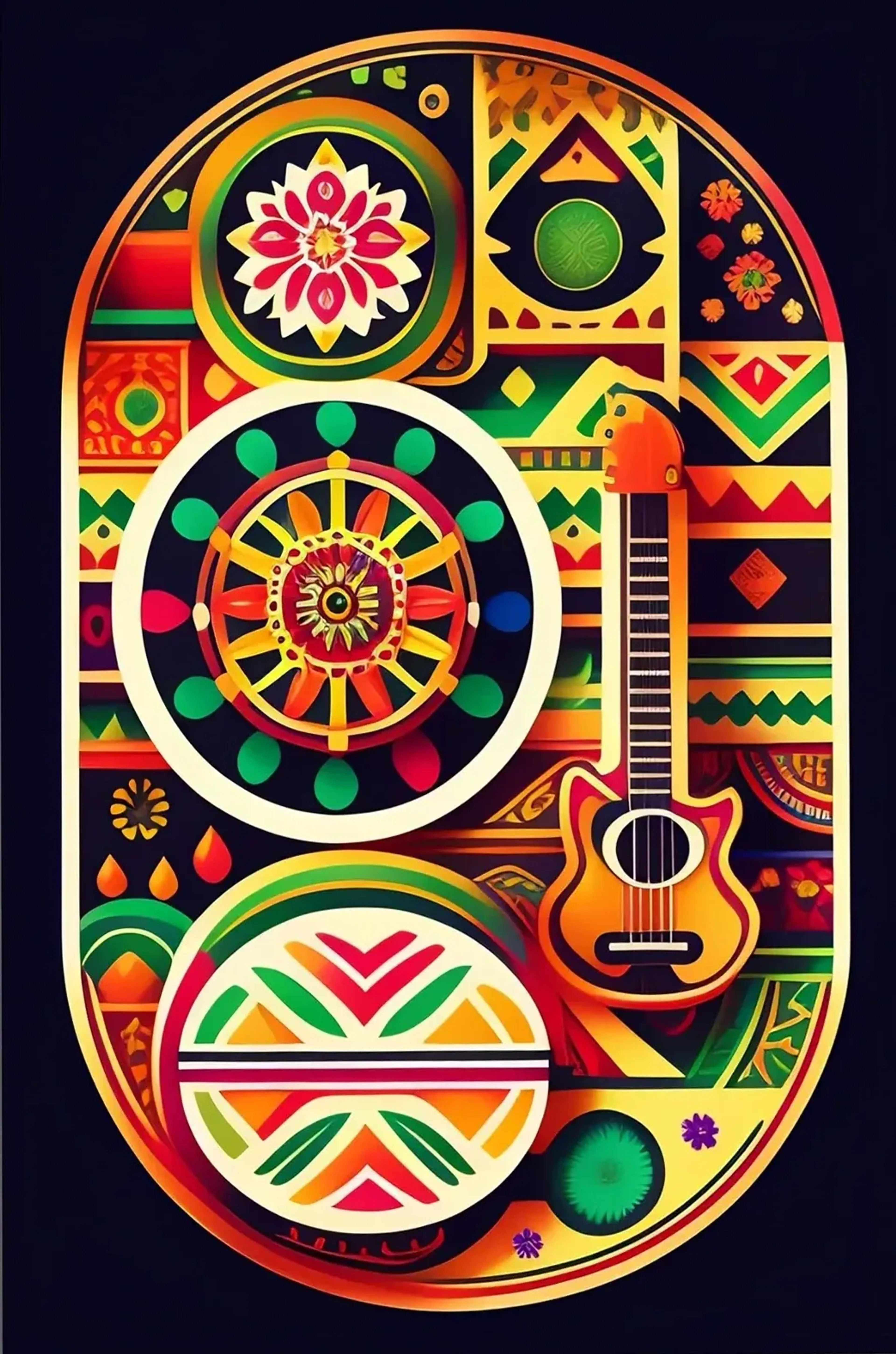 Orangegelbe Gitarre zwischen bunten Kreisornamenten, Blüten und geometrischen Mustern auf dunklem Grund.