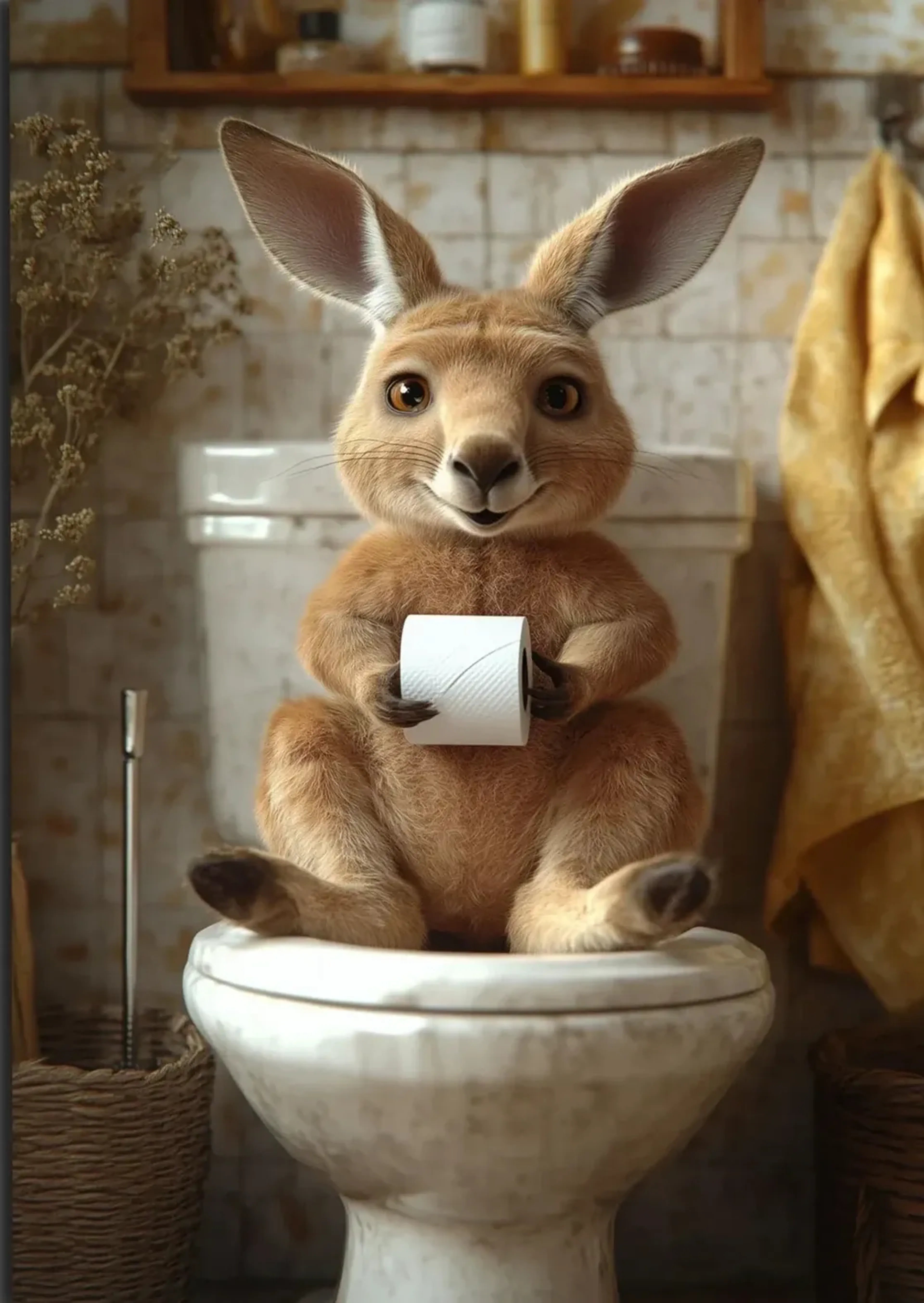 Ein braunes Känguru sitzt mit einer Toilettenpapierrolle auf einer Toilette neben einem gelben Handtuch.