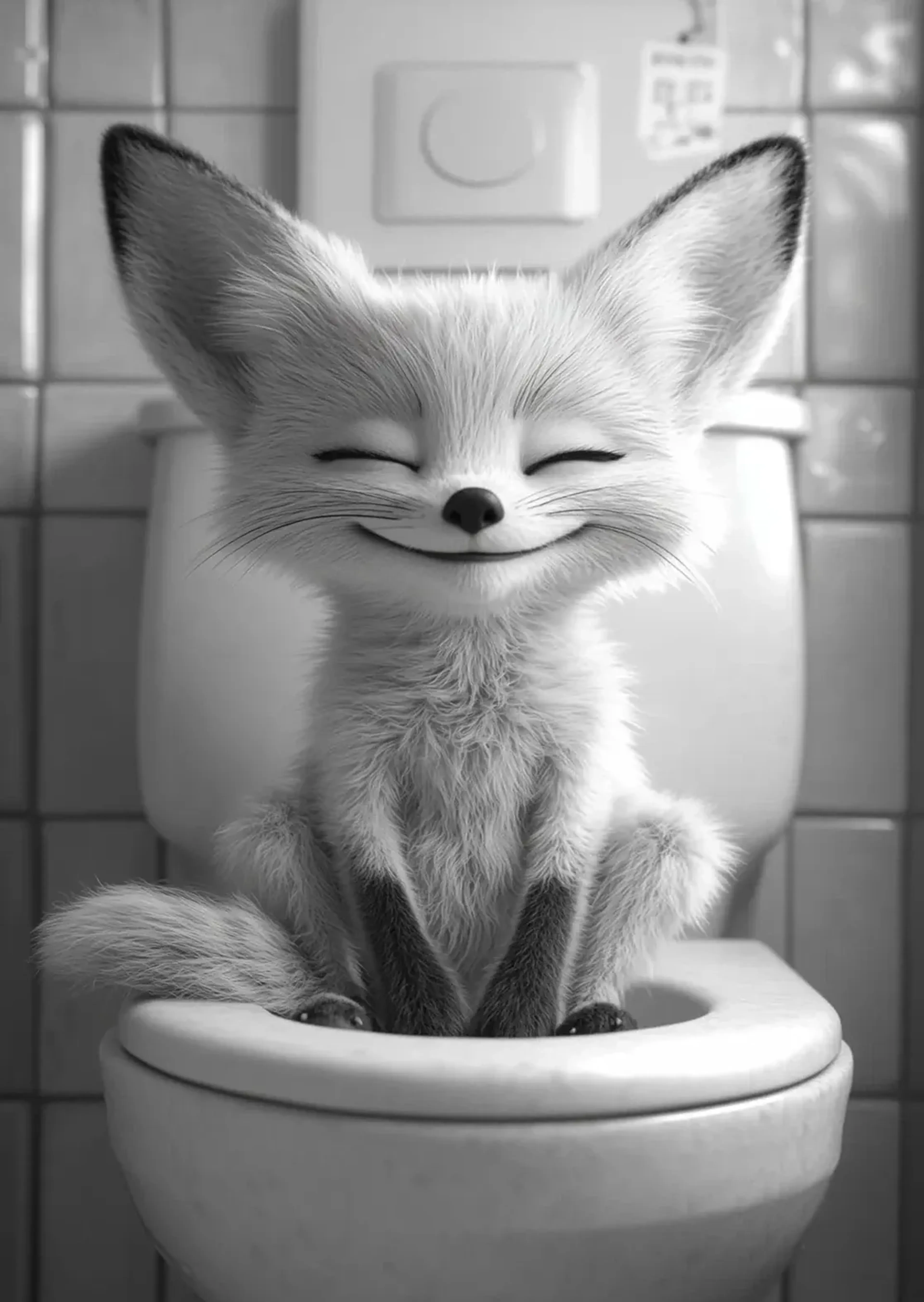 Ein Fuchs mit großen Ohren, geschlossenen Augen und breitem Lächeln sitzt auf einer weißen Toilette.