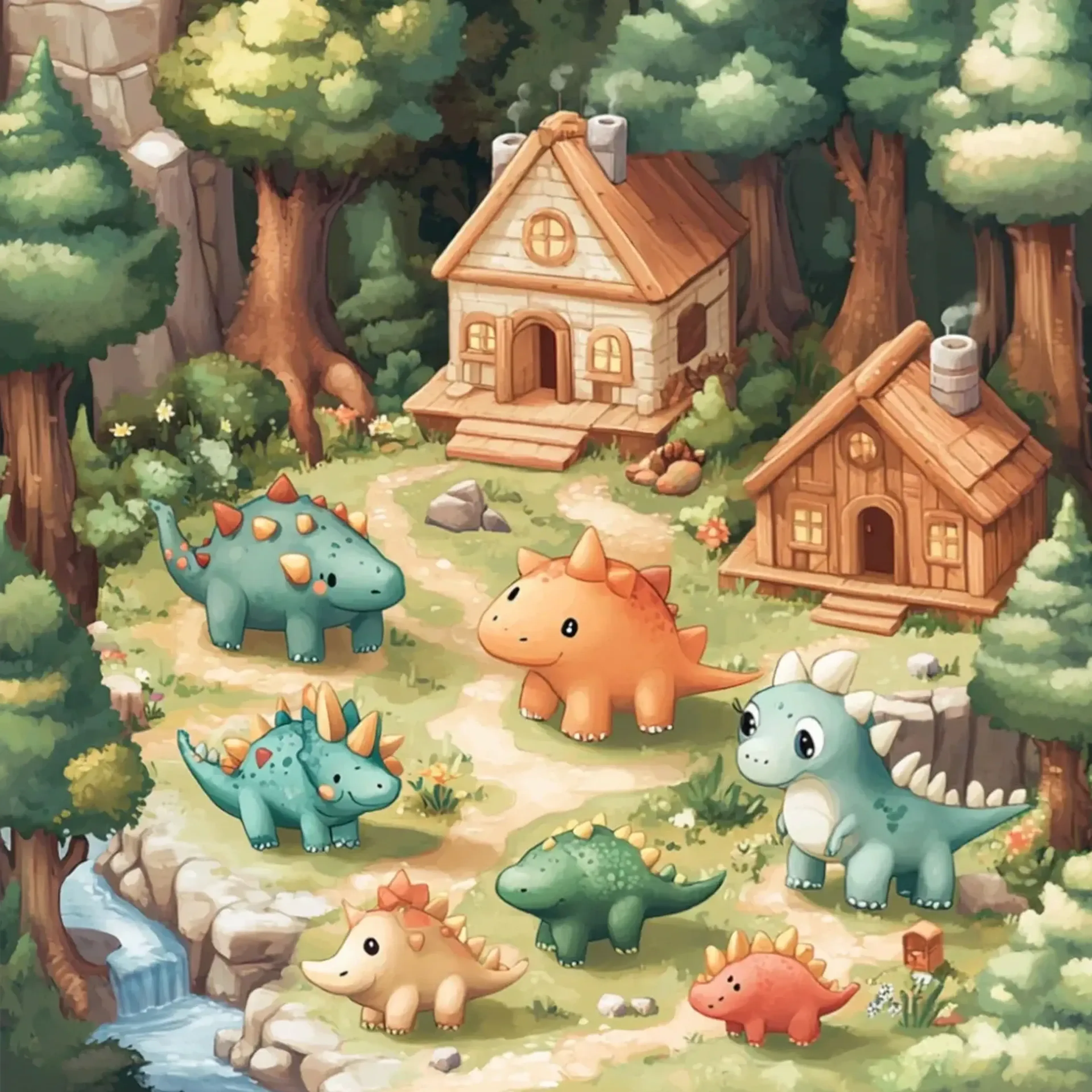 Kleines Dinodorf im Wald – Motiv als Wandbild auf Holz