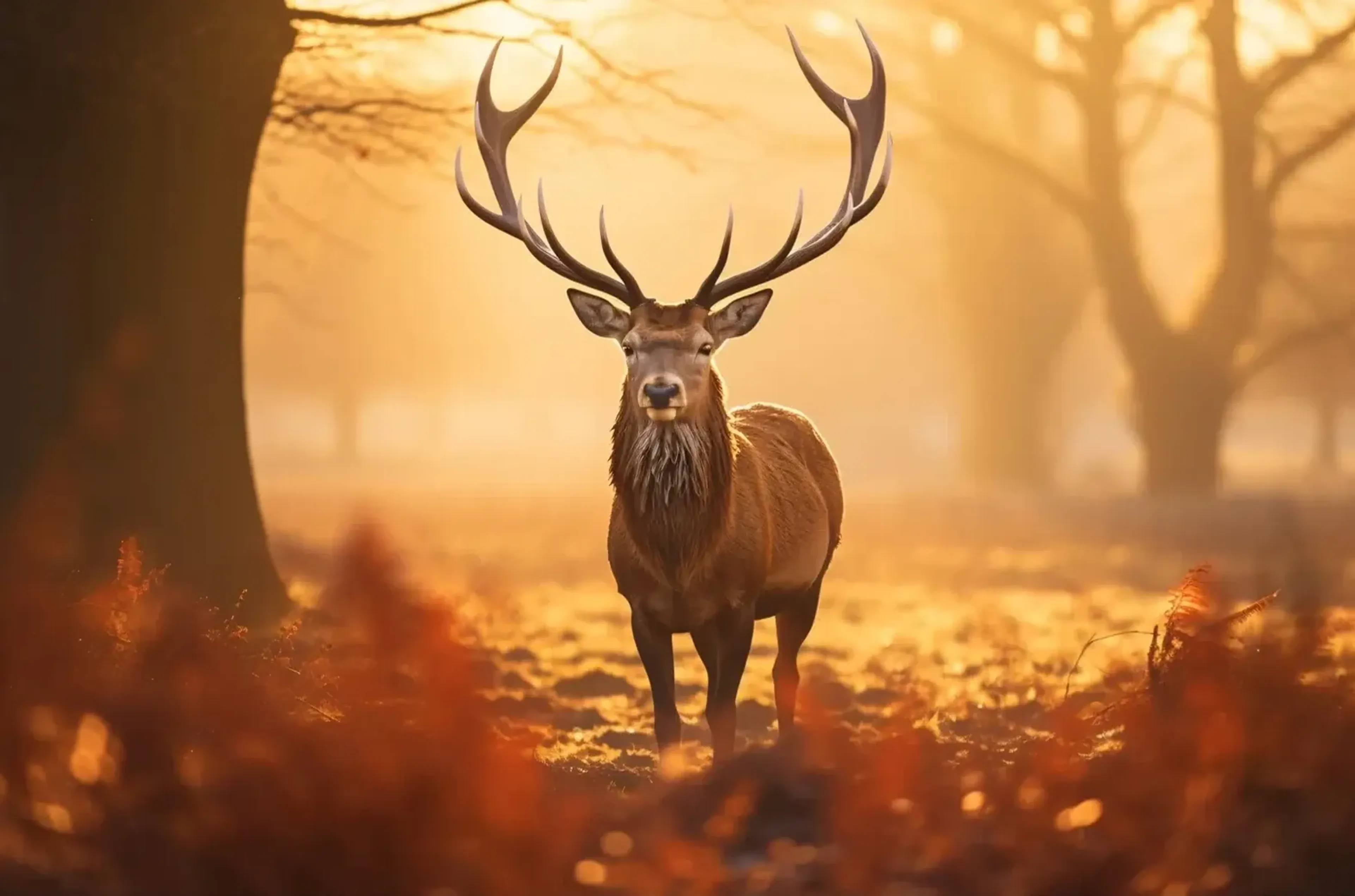 Ein Hirsch mit großem Geweih steht frontal in einem goldenen, dunstigen Wald zwischen orangebraunem Farn.