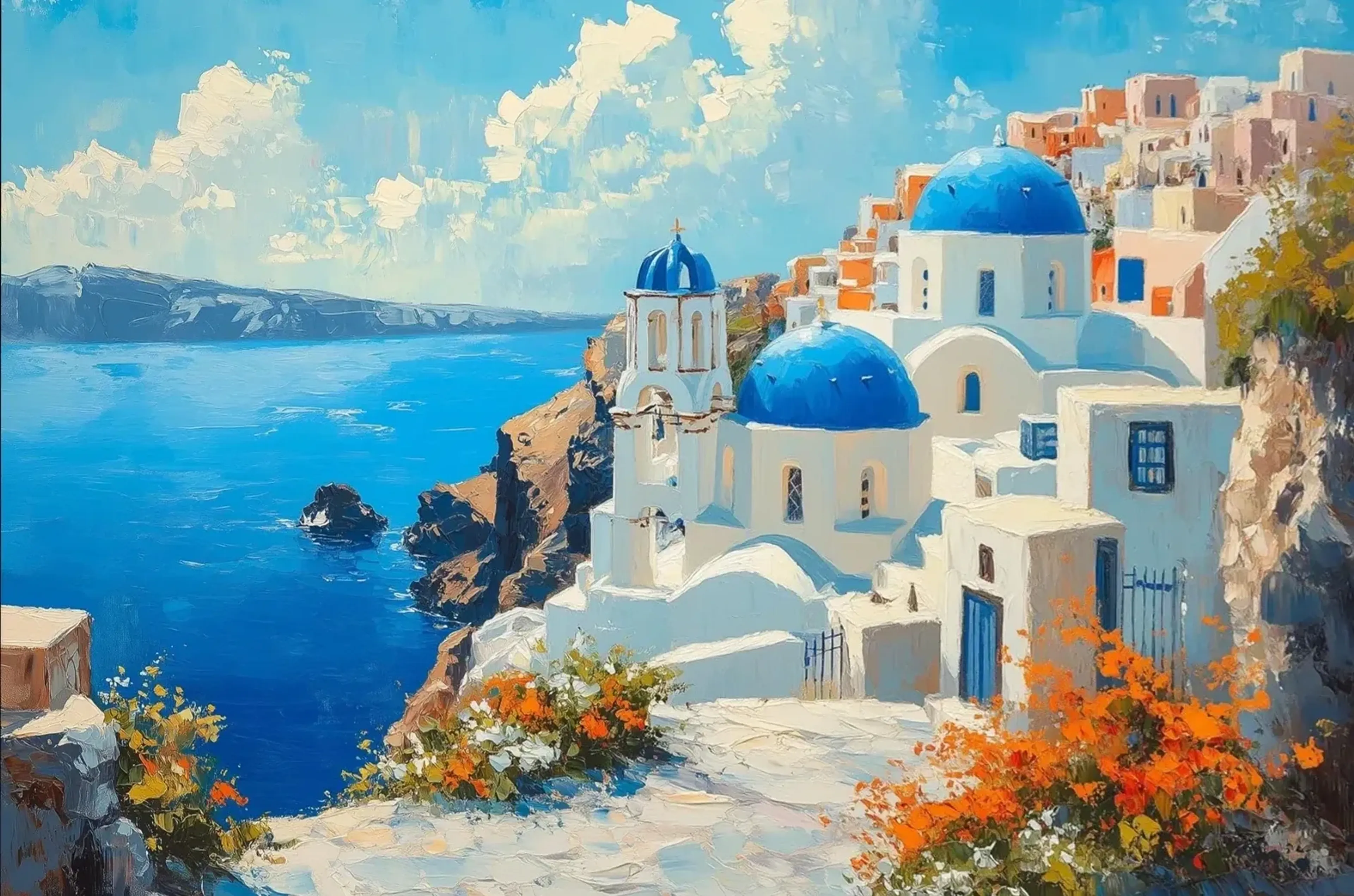 Weiße Küstenhäuser und blaue Kirchenkuppeln über blauem Meer, mit einem hellen Weg und orangefarbenen Blumen.
