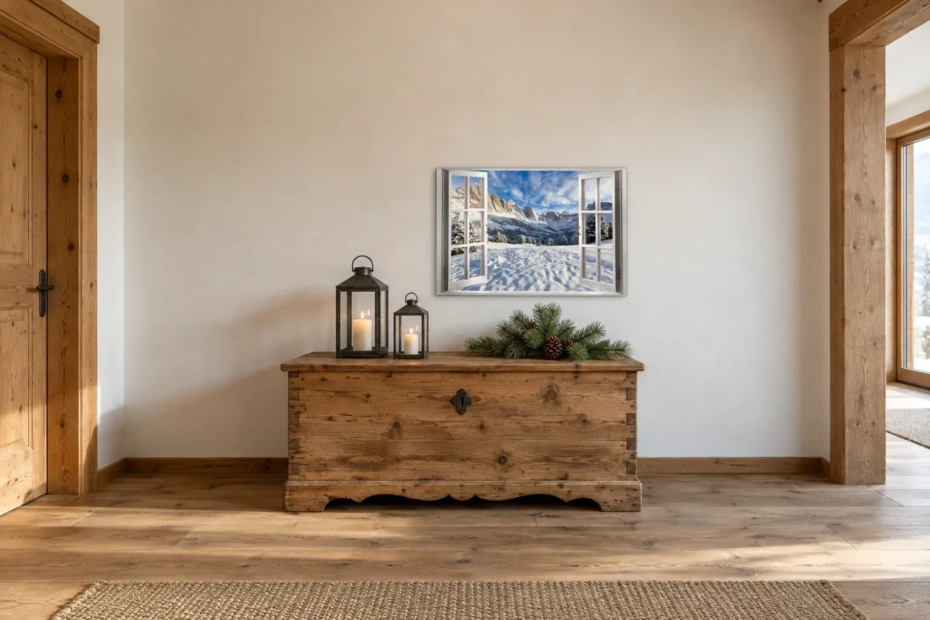Verschneite Berglandschaft als Wandbild über einer 140-cm-Truhe