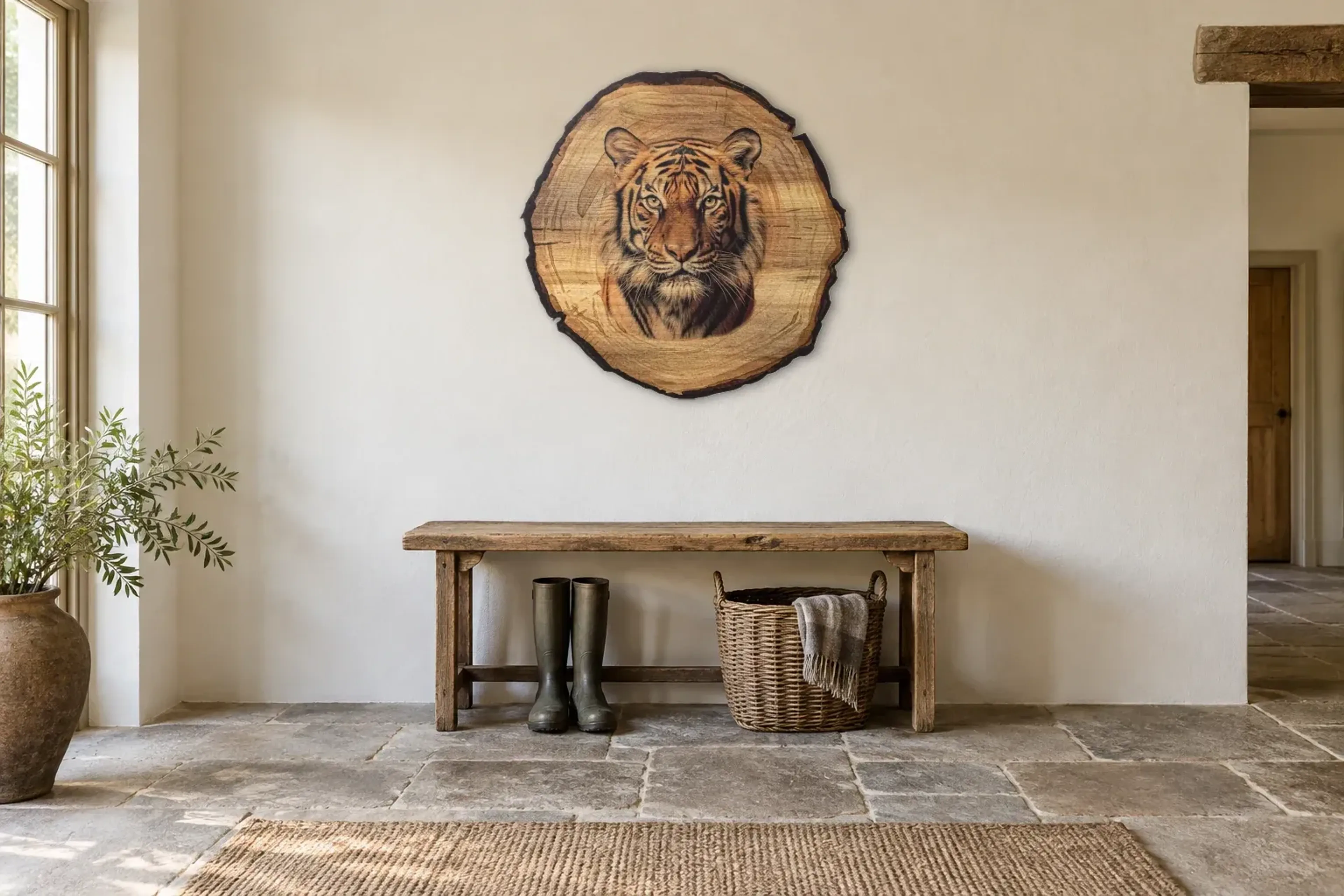 Tiger als Wandbild über einer 120-cm-Bank