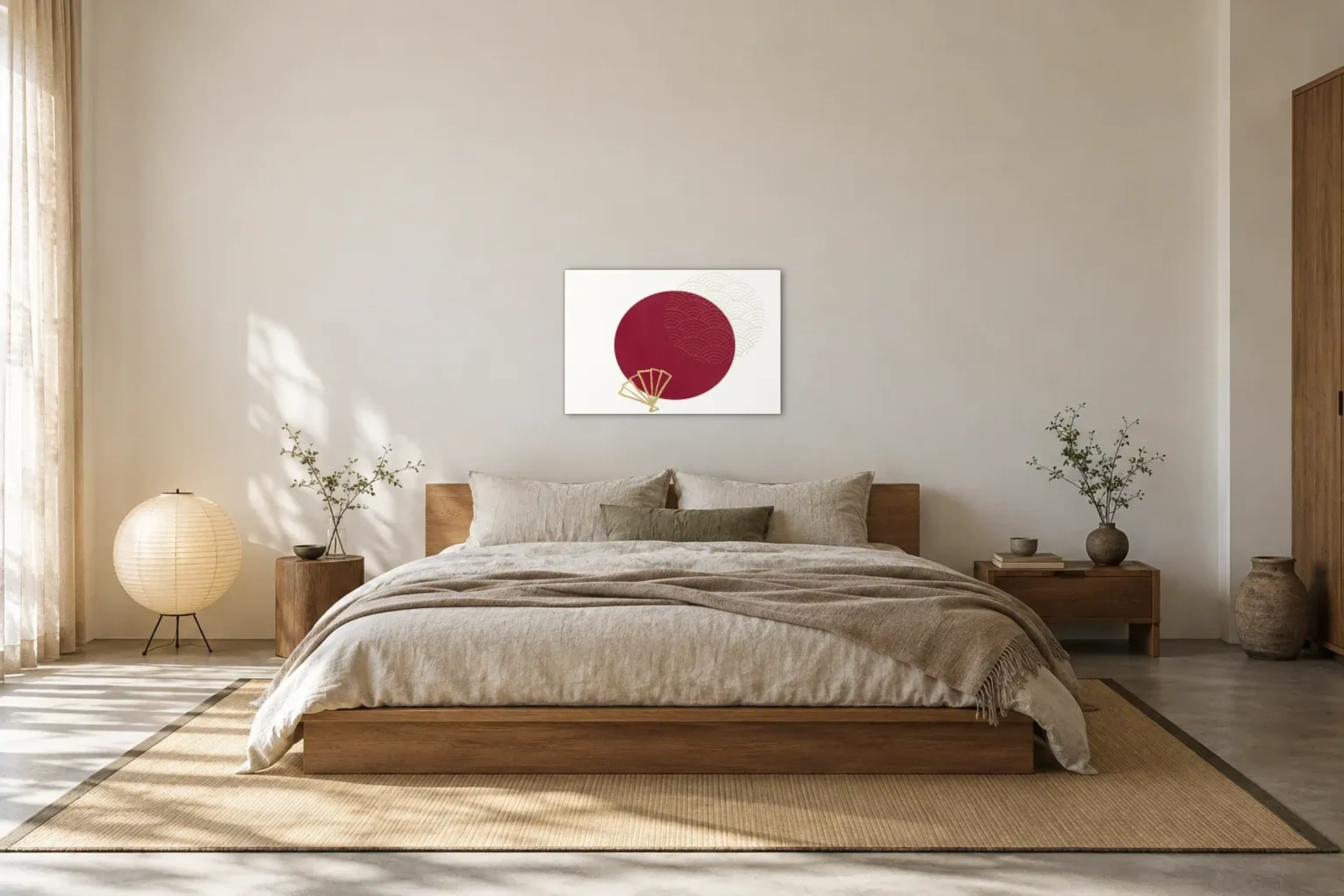 Roter Kreis mit Fächer als Wandbild über einem 180-cm-Bett