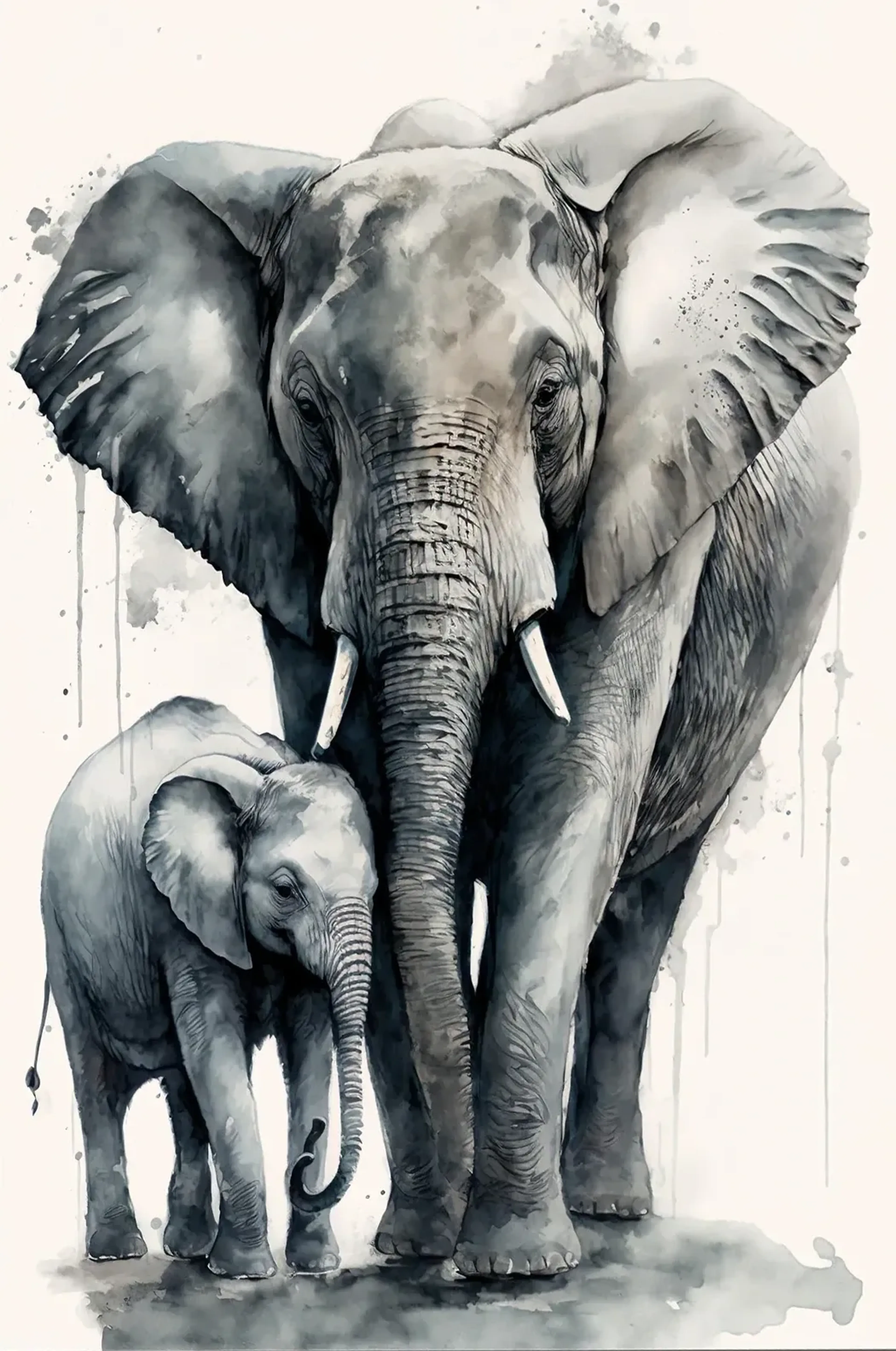 Ein großer Elefant und ein Jungtier in grauen und blaugrauen Farbflächen auf hellem Hintergrund.