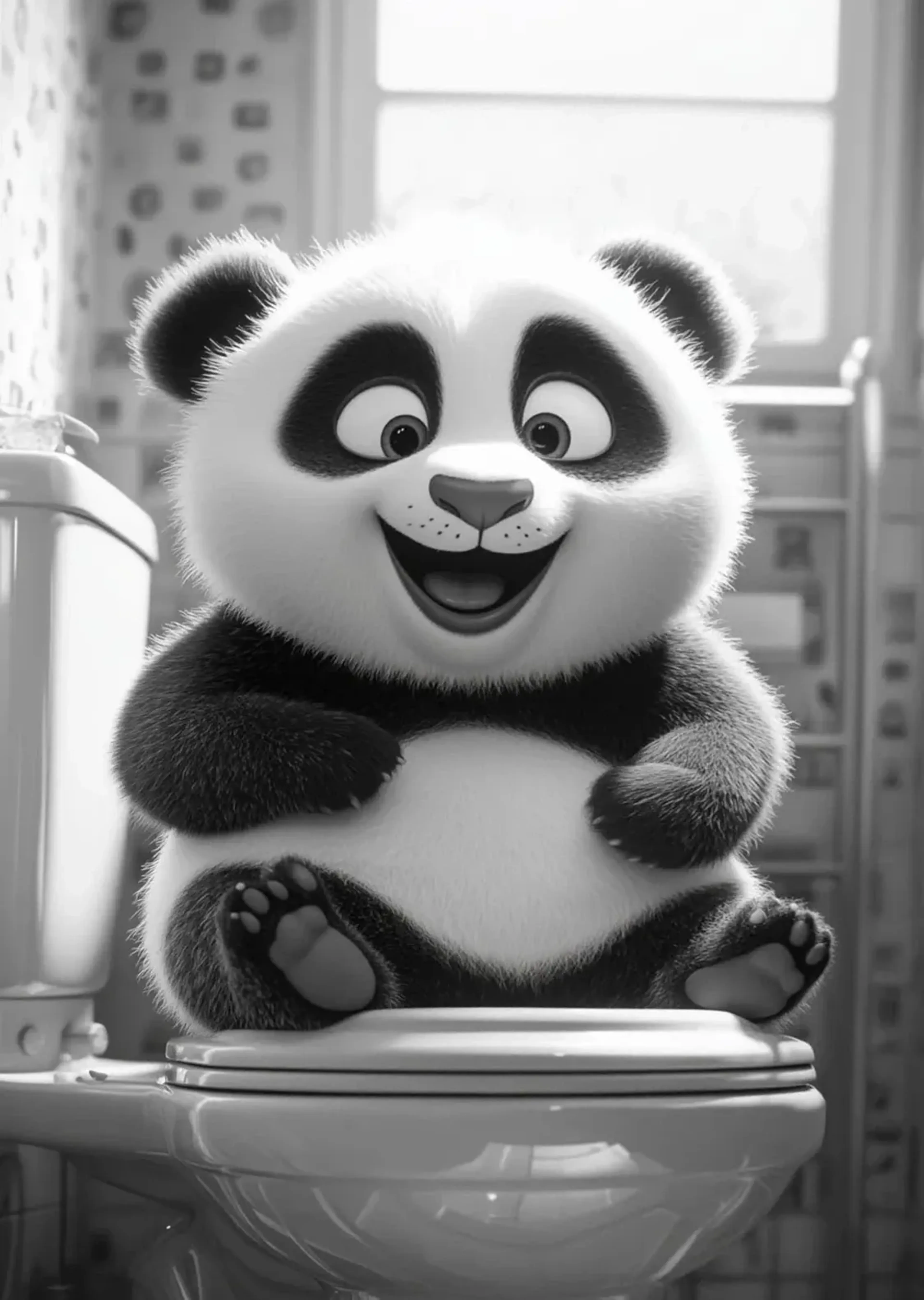 Fröhlicher Panda mit angehobenen Füßen auf einer Toilette vor einem hellen Badezimmerfenster in Schwarz-Weiß.