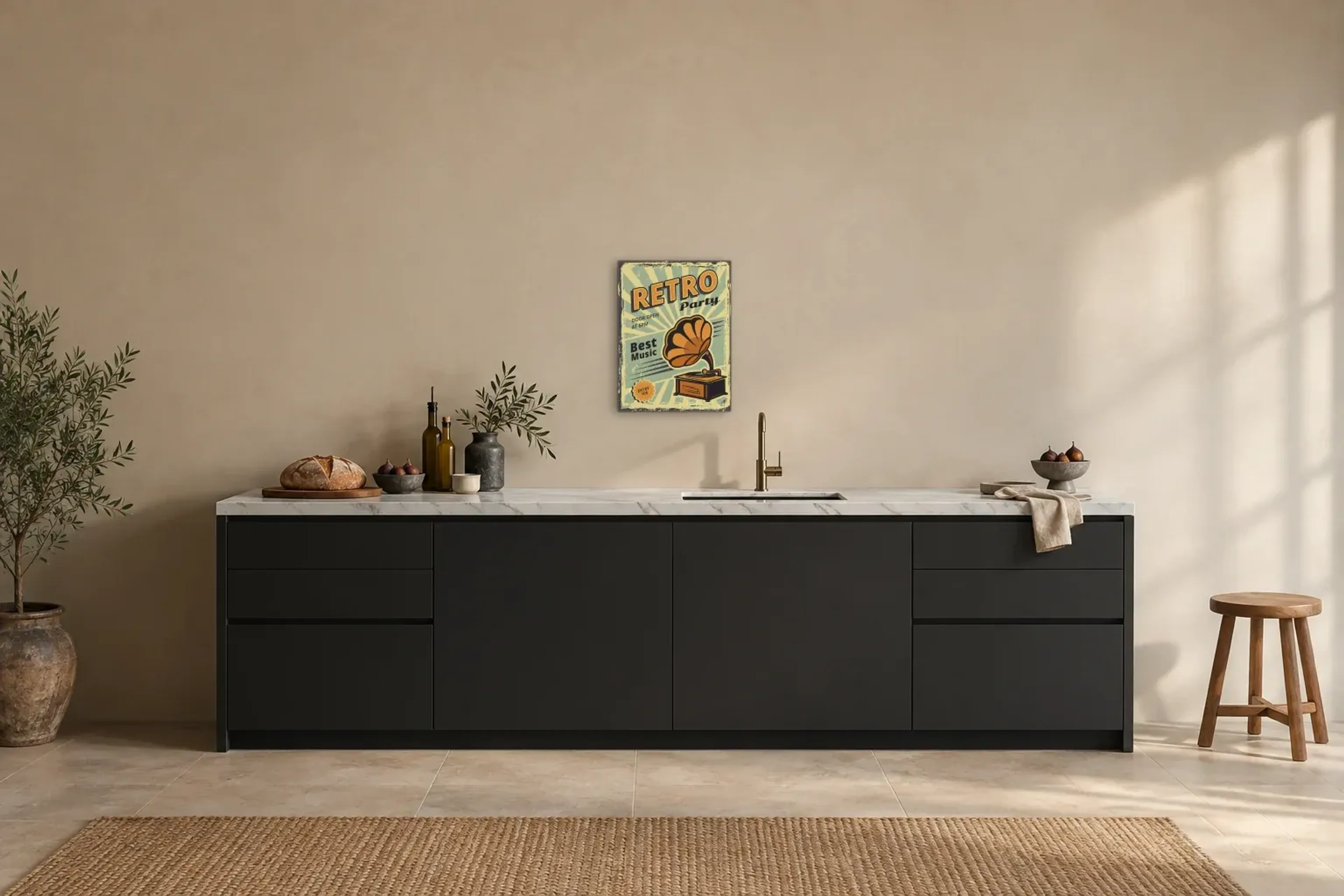 Retro Party Grammophon als Wandbild über einer 200-cm-Arbeitsplatte