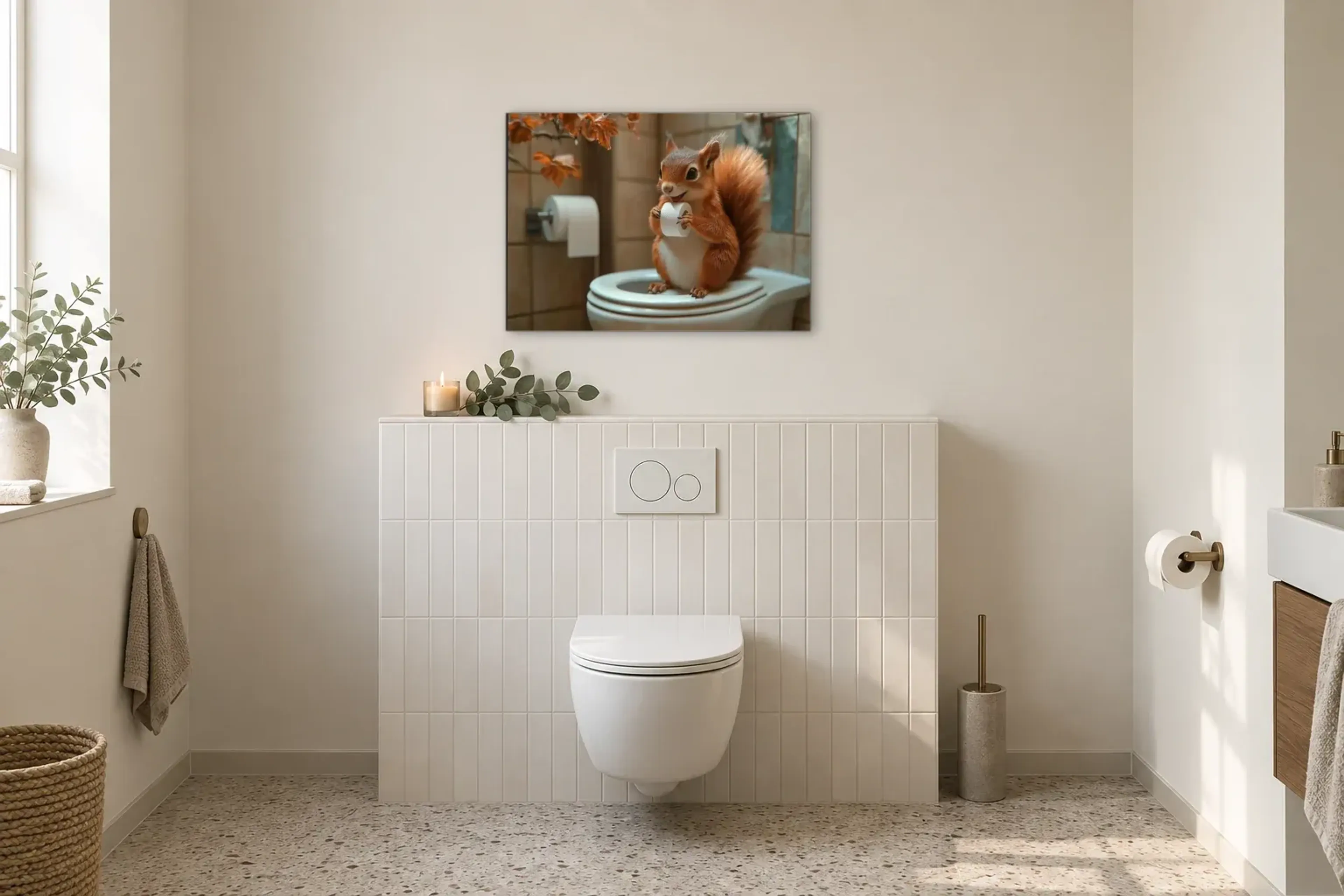 Eichhörnchen im Herbstbad als Wandbild im Gäste-WC