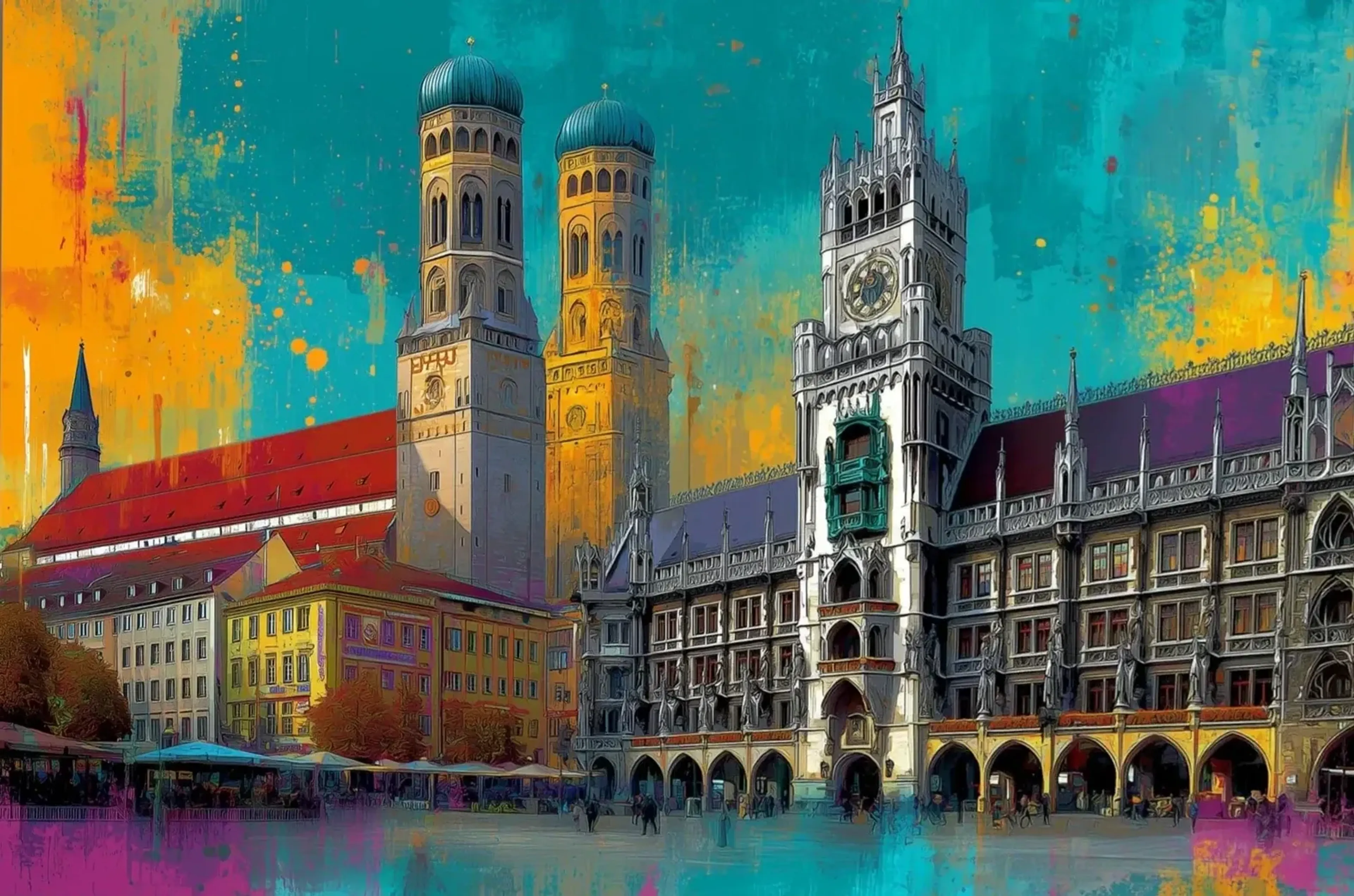 Münchner Frauenkirche und Neues Rathaus vor türkisgelbem Himmel mit roten Dächern und bunten Farbspuren.