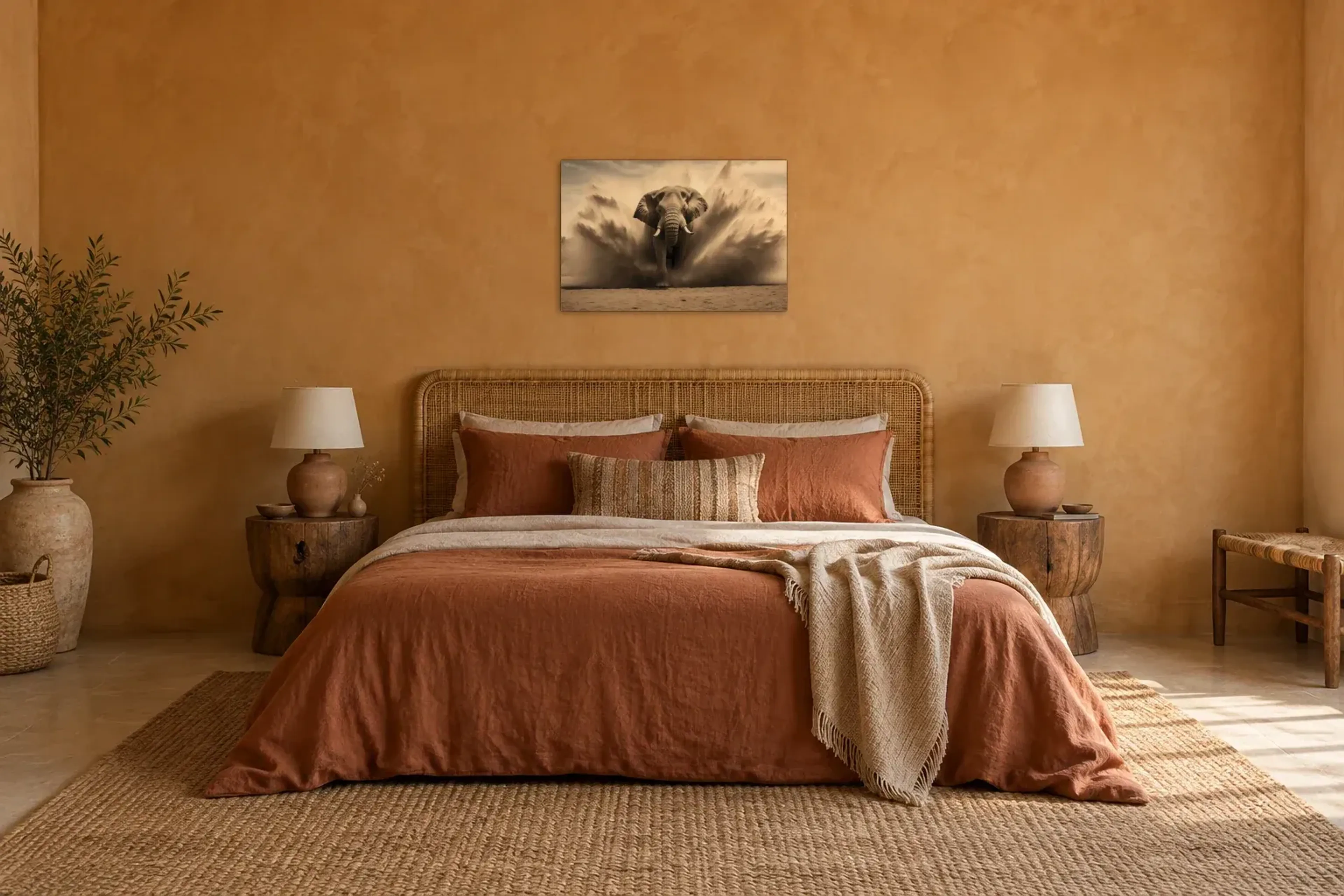 Elefant im Sand als Wandbild über einem 180-cm-Bett