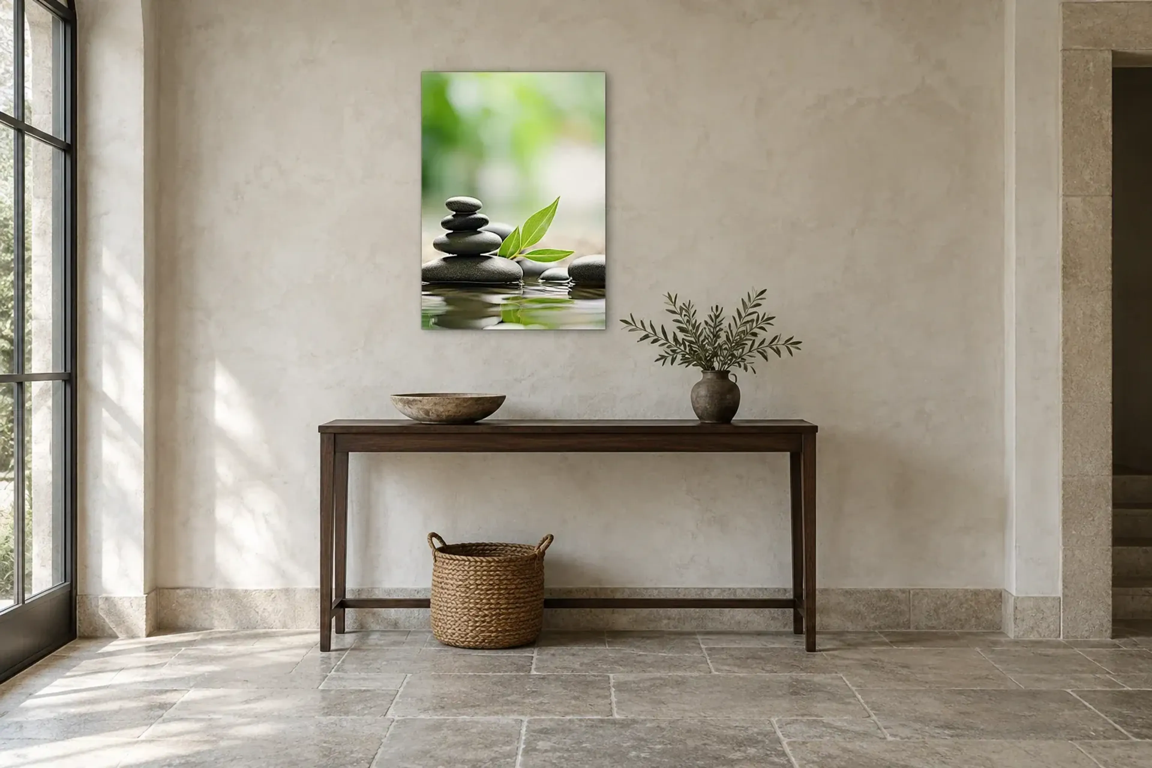 Steine am Wasser als Wandbild über einer 120-cm-Konsole