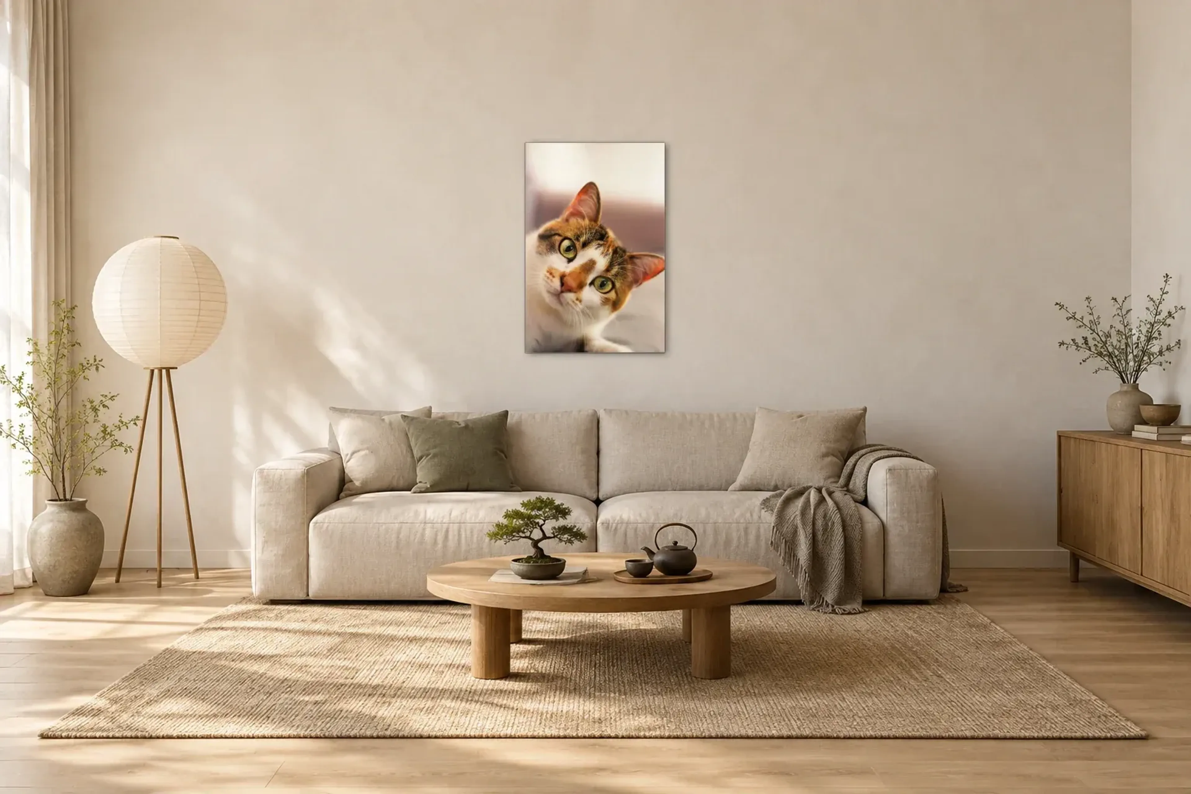 Katze mit schiefem Kopf als Wandbild über einem 220-cm-Sofa
