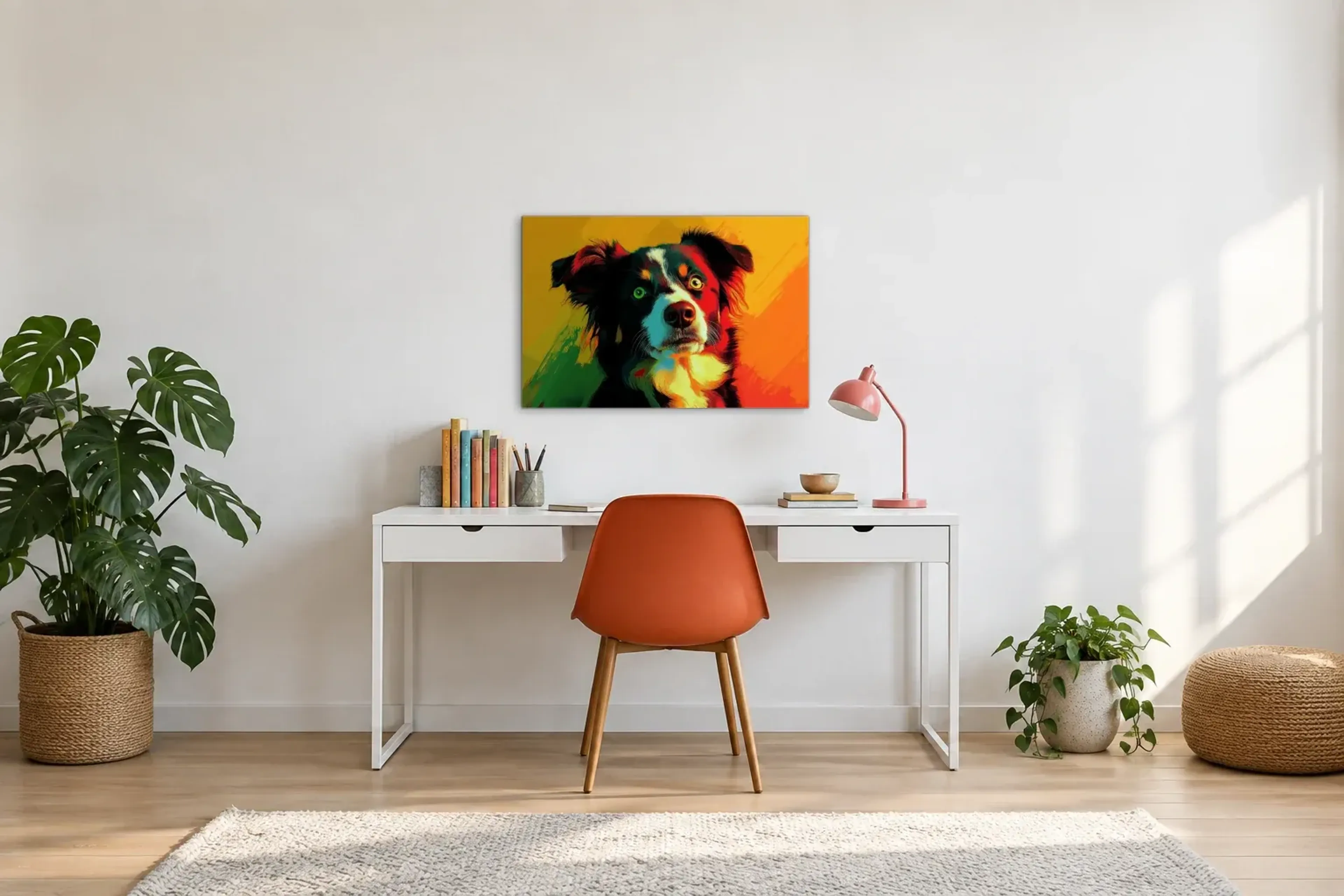 Australian Shepherd als Wandbild über einem 140-cm-Schreibtisch