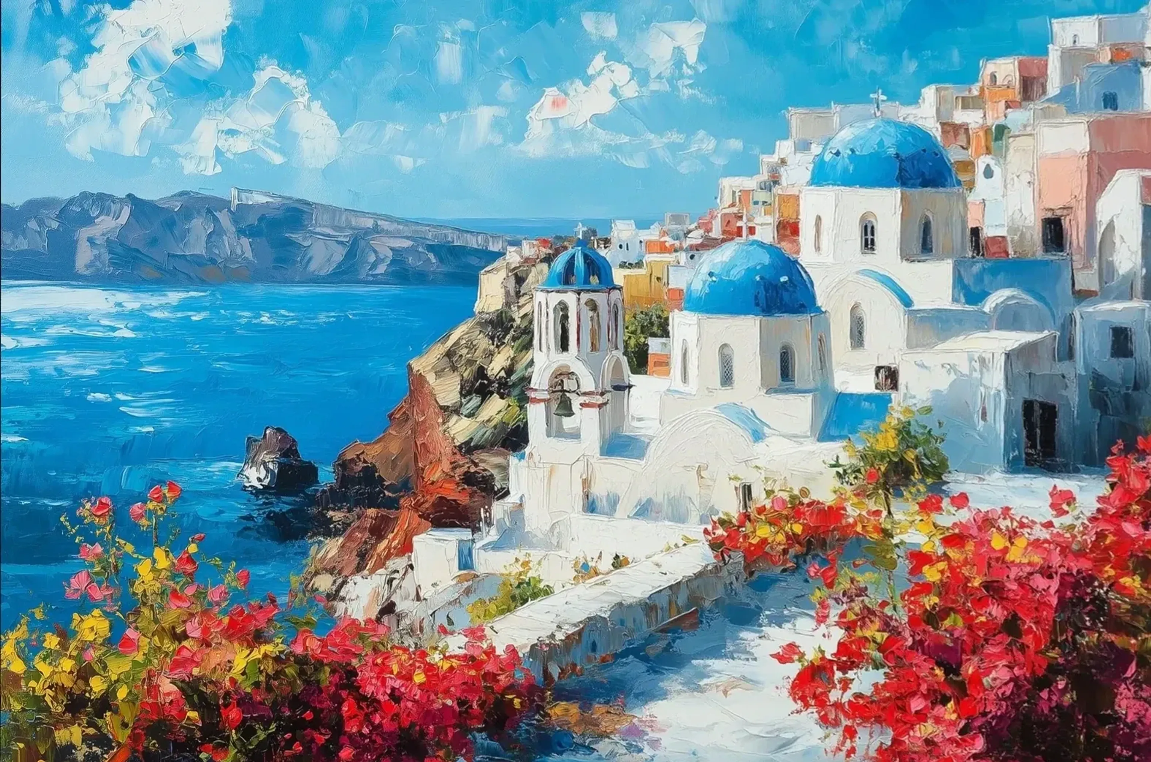 Weiße Häuser und blaue Kirchenkuppeln über türkisblauem Meer, eingerahmt von roten und pinken Blüten.