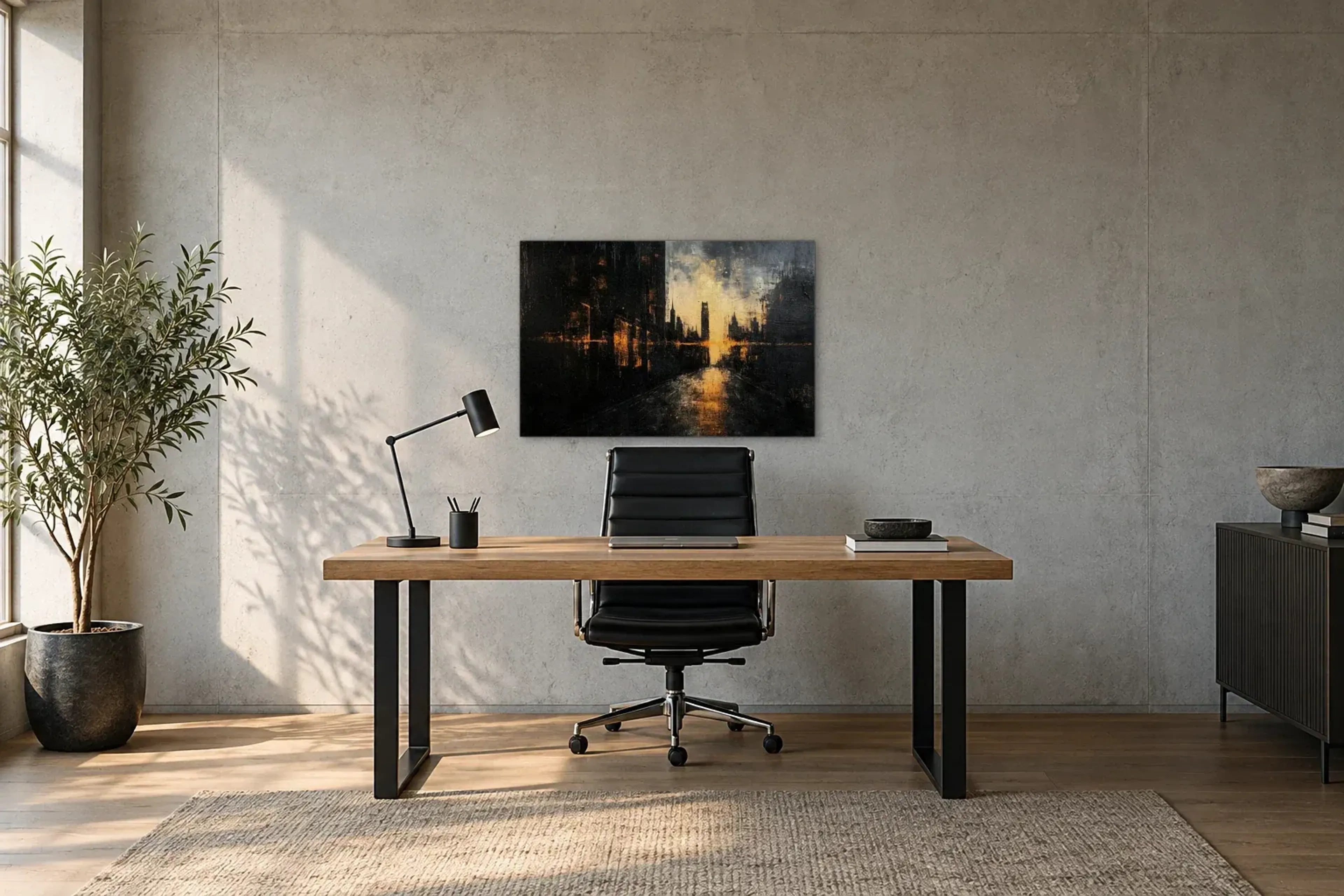Stadt im Abendlicht als Wandbild über einem 160-cm-Schreibtisch