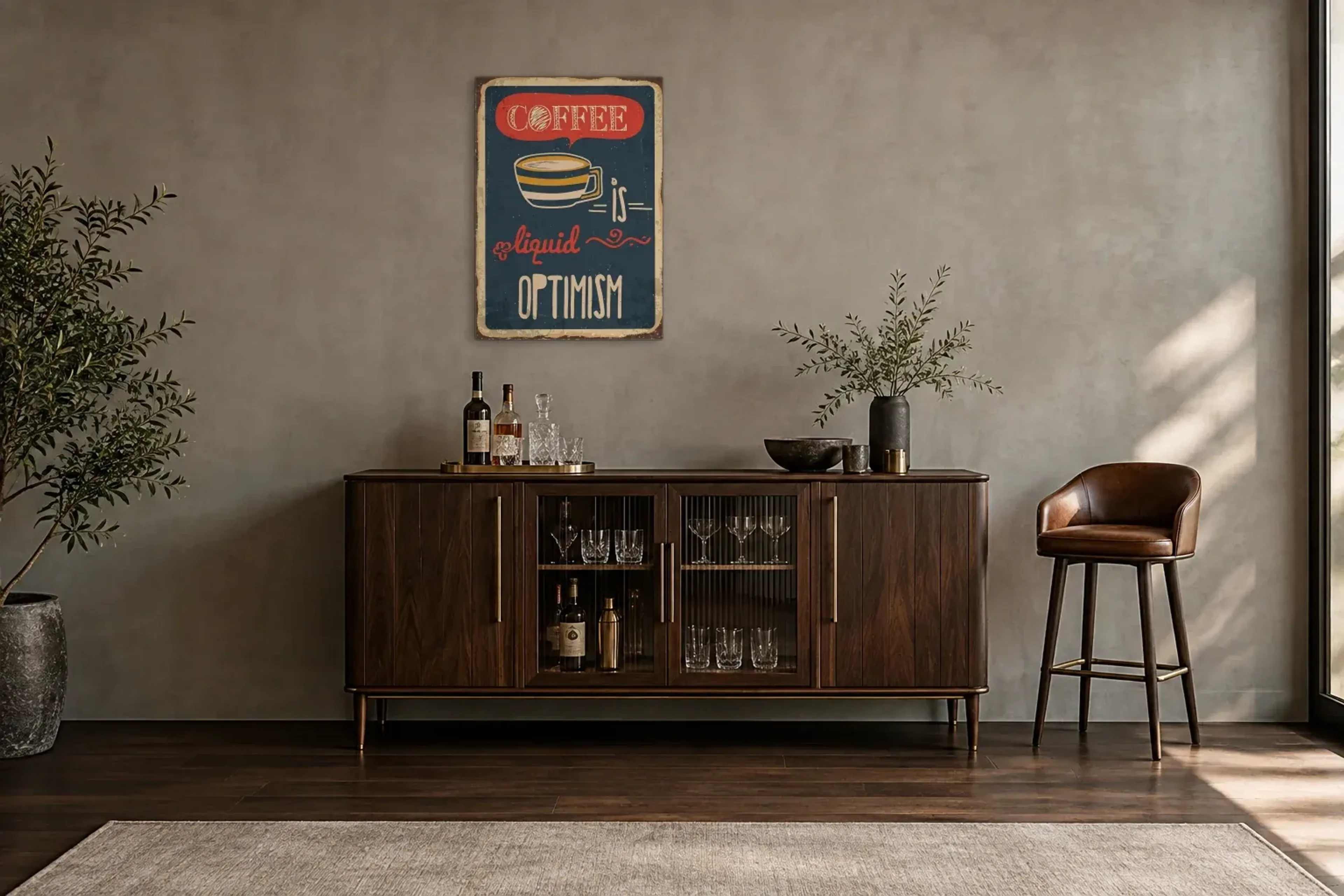 Kaffee und Optimismus als Wandbild über einem 150-cm-Barschrank