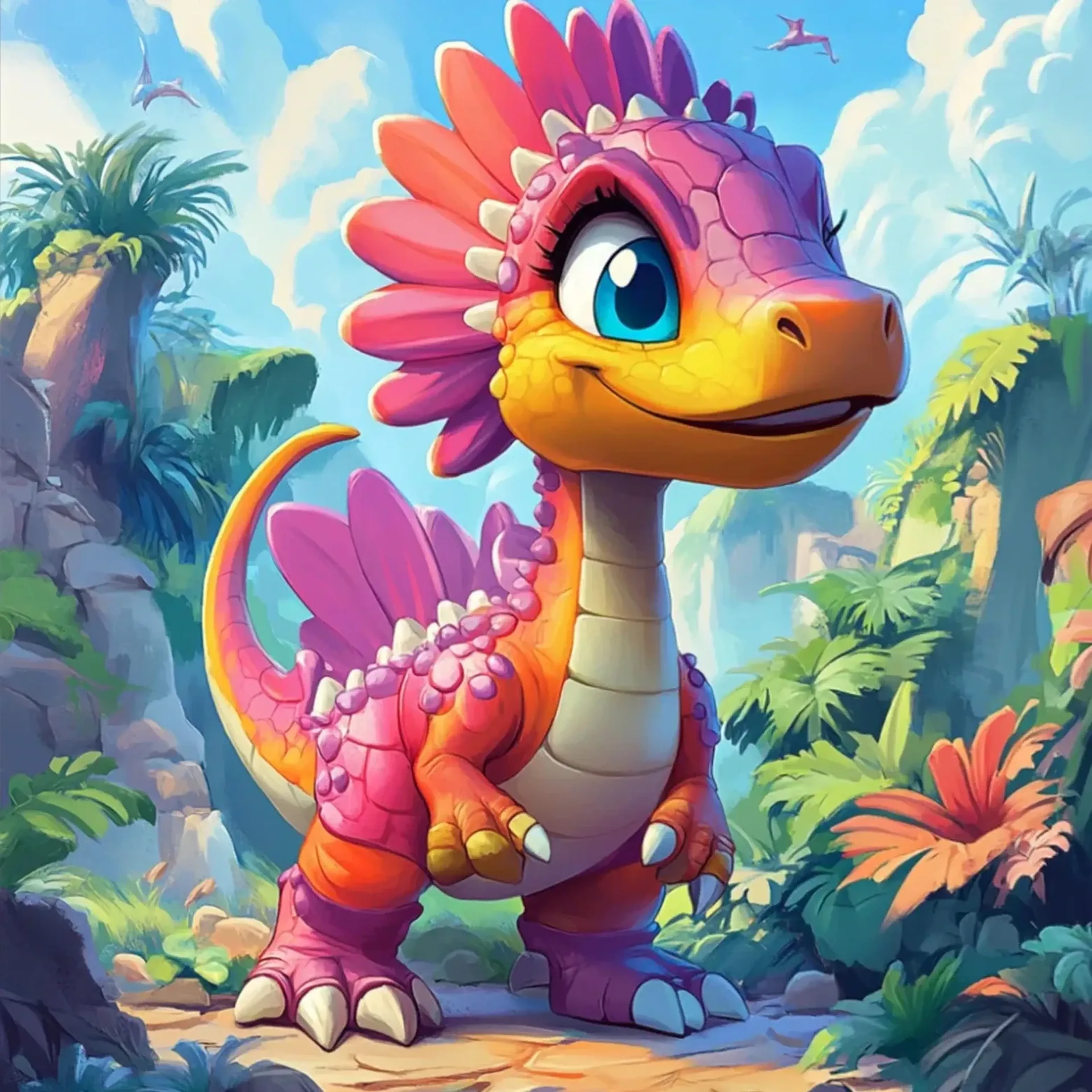 Dino in Pink und Gelb – Motiv als Wandbild auf Holz