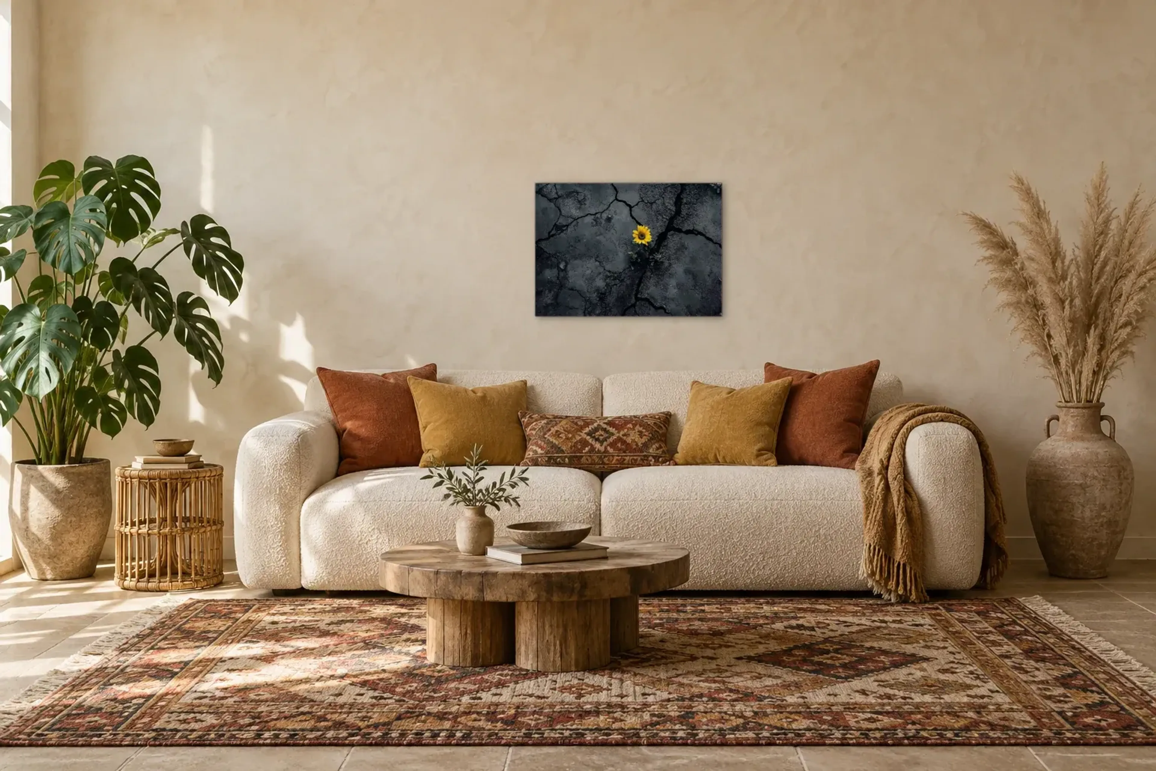 Sonnenblume zwischen Rissen als Wandbild über einem 220-cm-Sofa