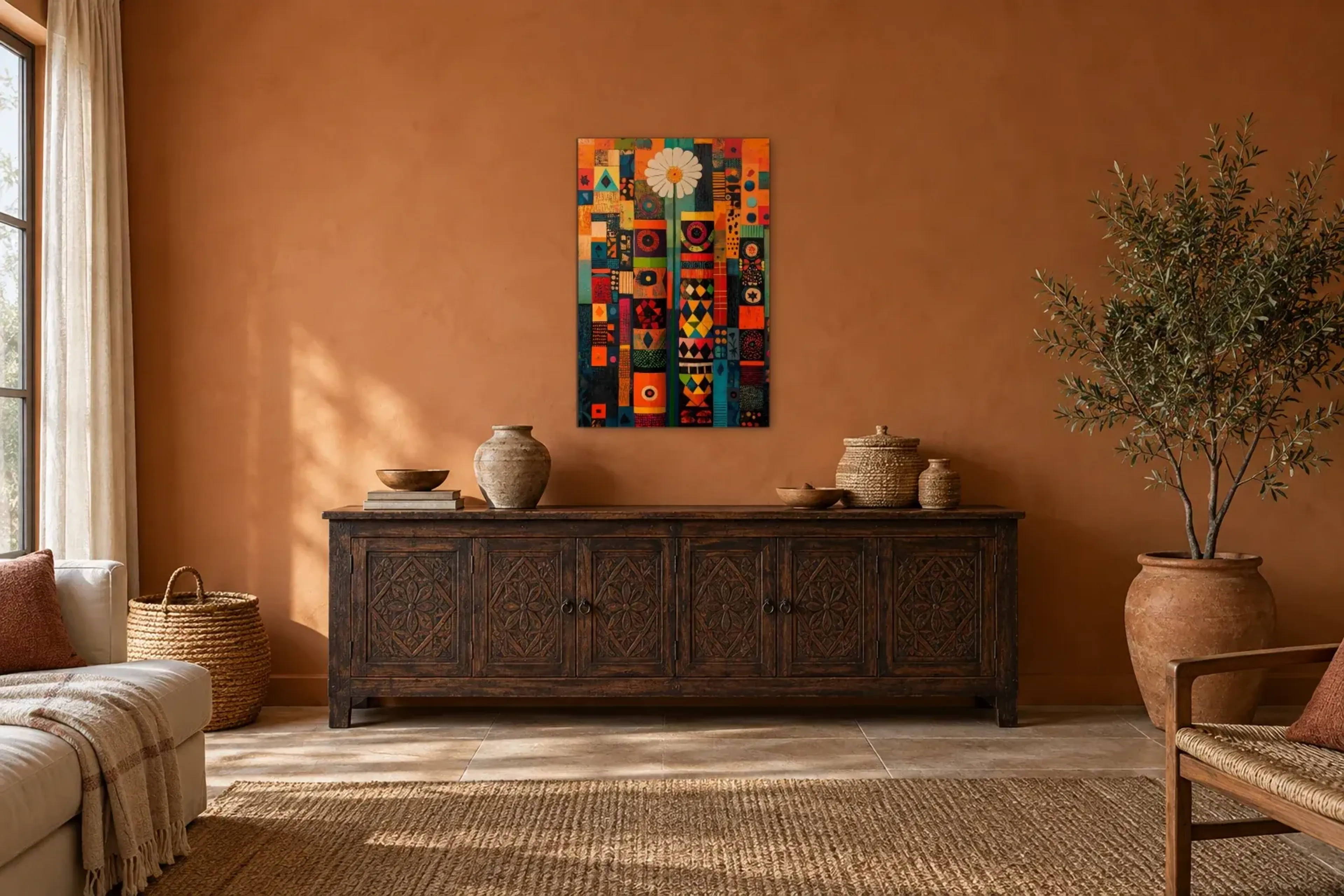 Blüte im Patchwork als Wandbild über einem 180-cm-Sideboard