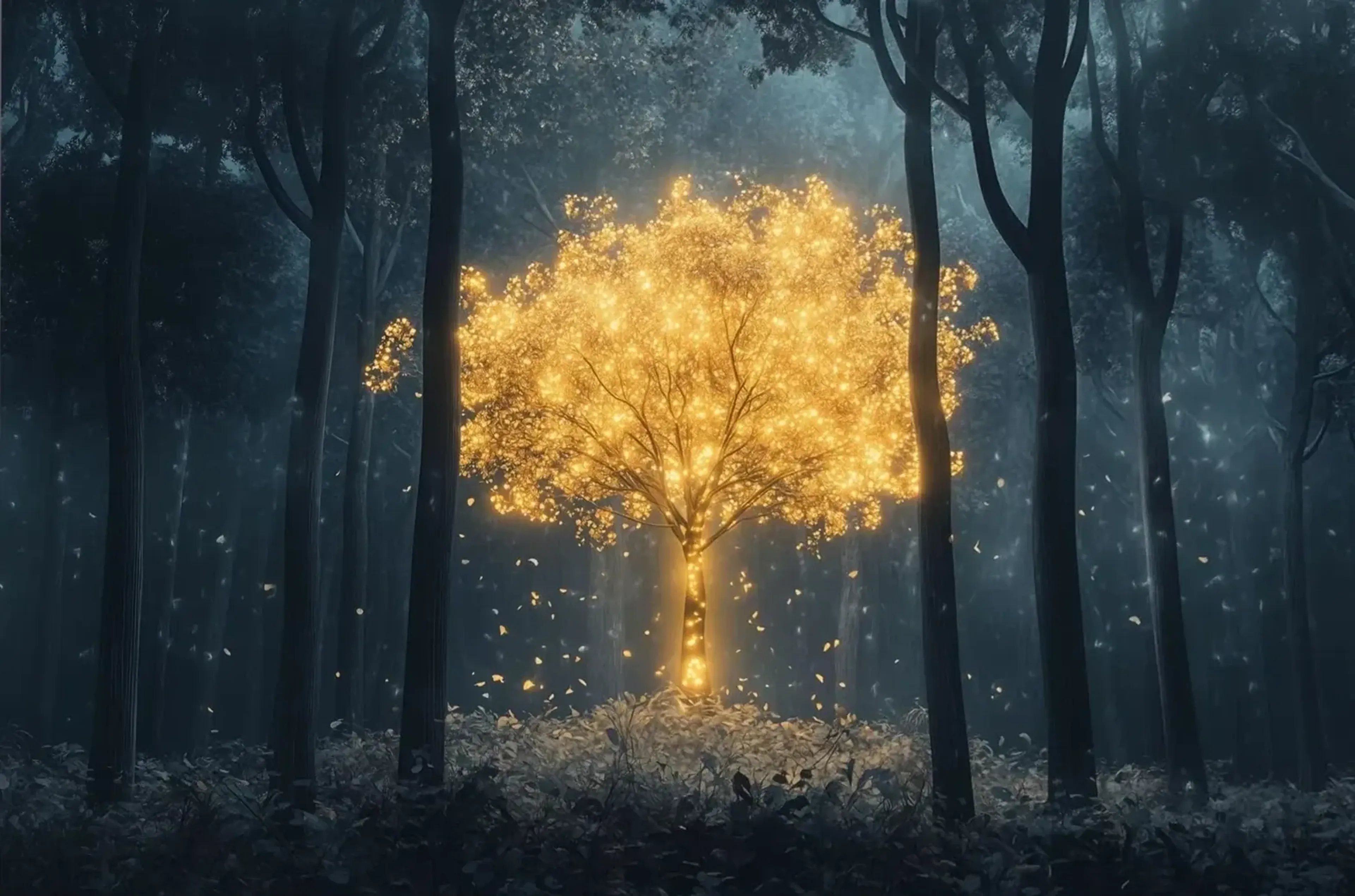 Goldener Baum im Wald – Motiv als Wandbild auf Holz