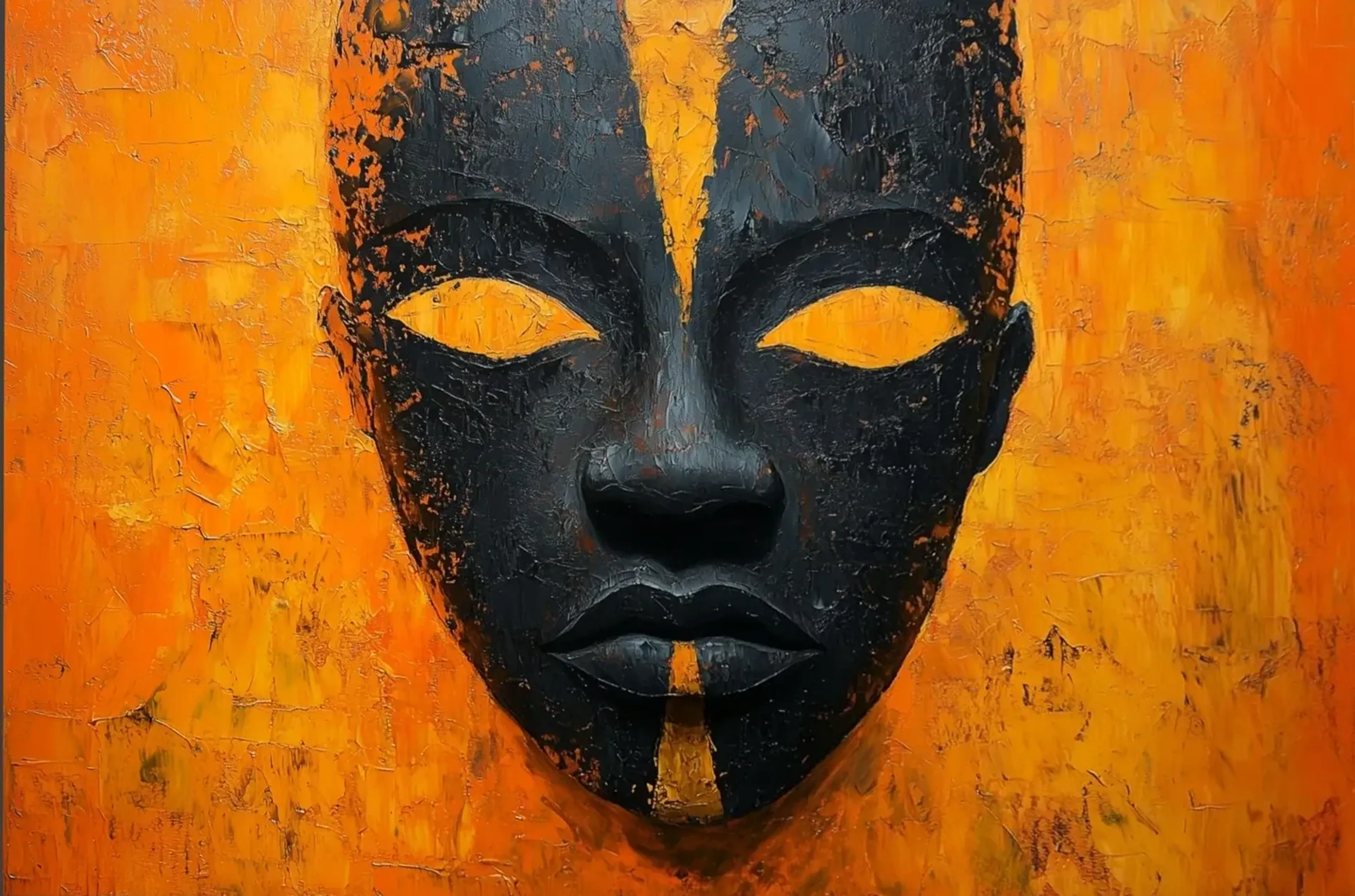 Schwarze stilisierte Maske mit orangegelben Augenöffnungen und Akzenten vor einem strukturierten orangefarbenen Grund.