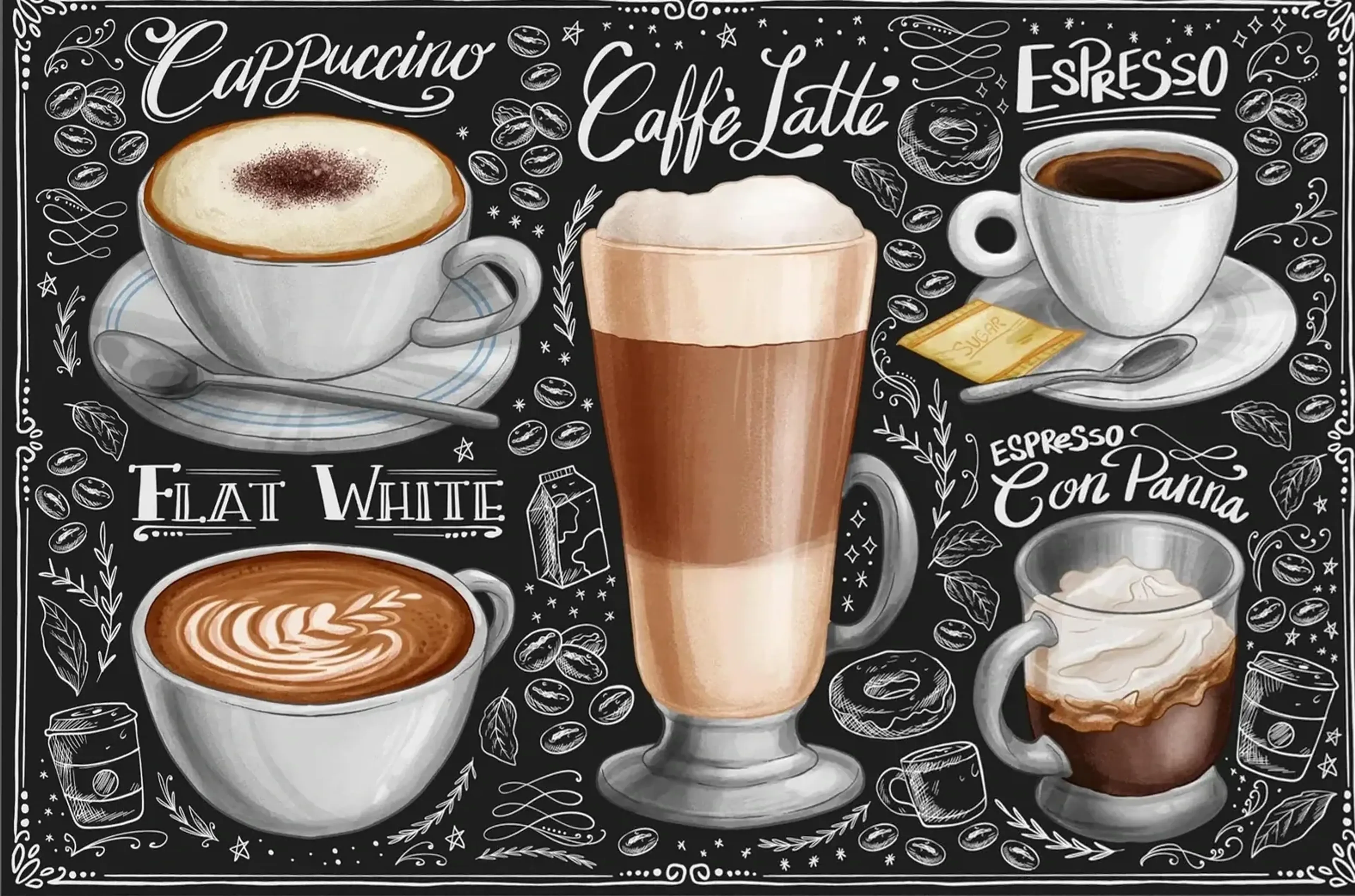 Illustrierte Kaffeespezialitäten mit weißen Schriftzügen, Kaffeebohnen und Verzierungen auf schwarzem Grund.