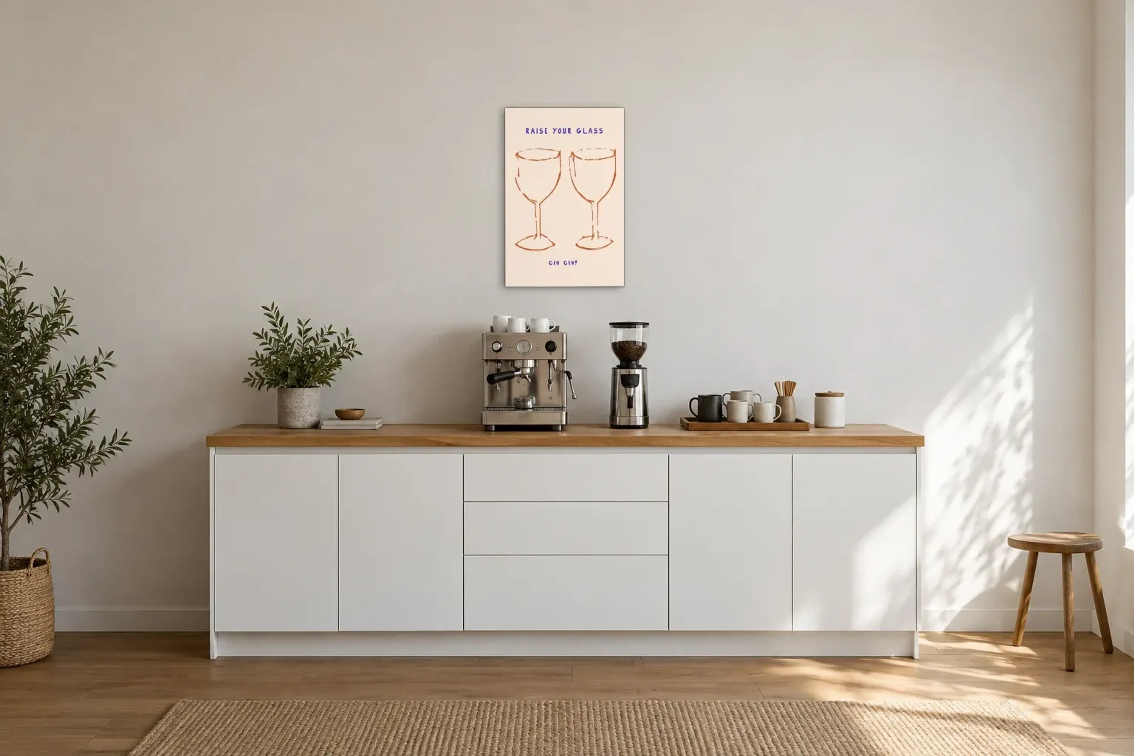 Gläser und Cin Cin als Wandbild über einer 200-cm-Arbeitsplatte