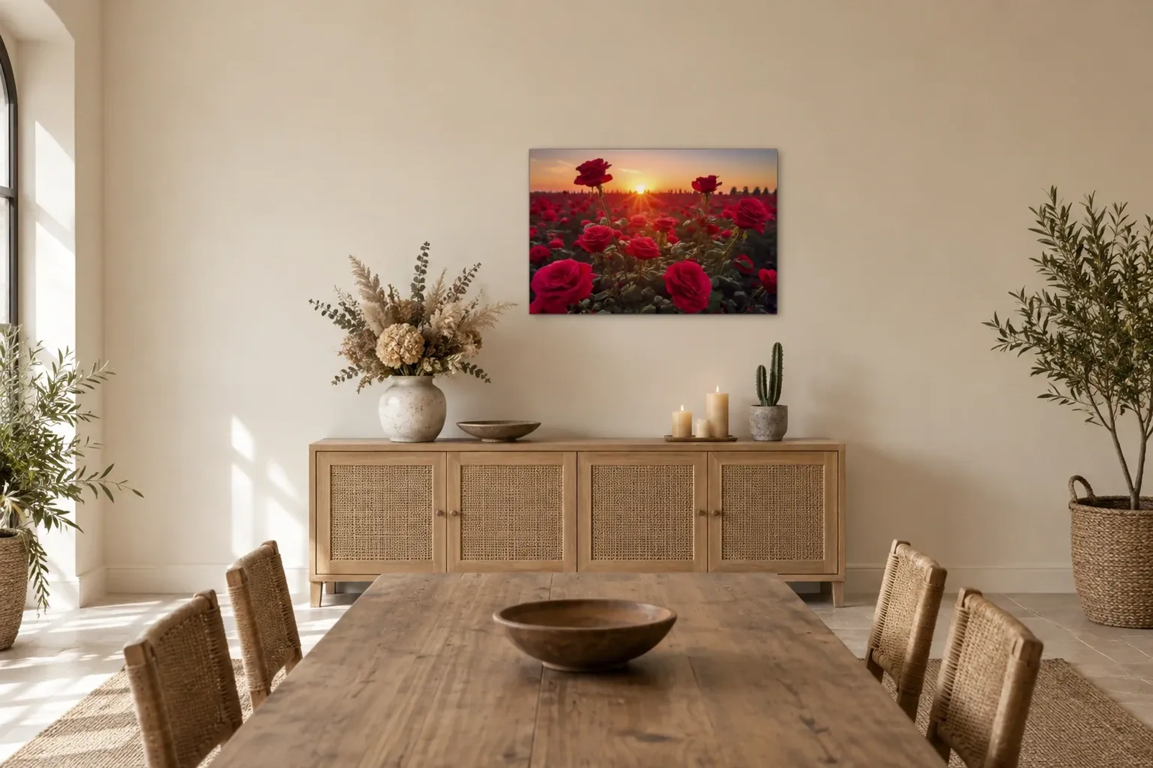 Rosenfeld im Sonnenuntergang als Wandbild über einem 160-cm-Sideboard