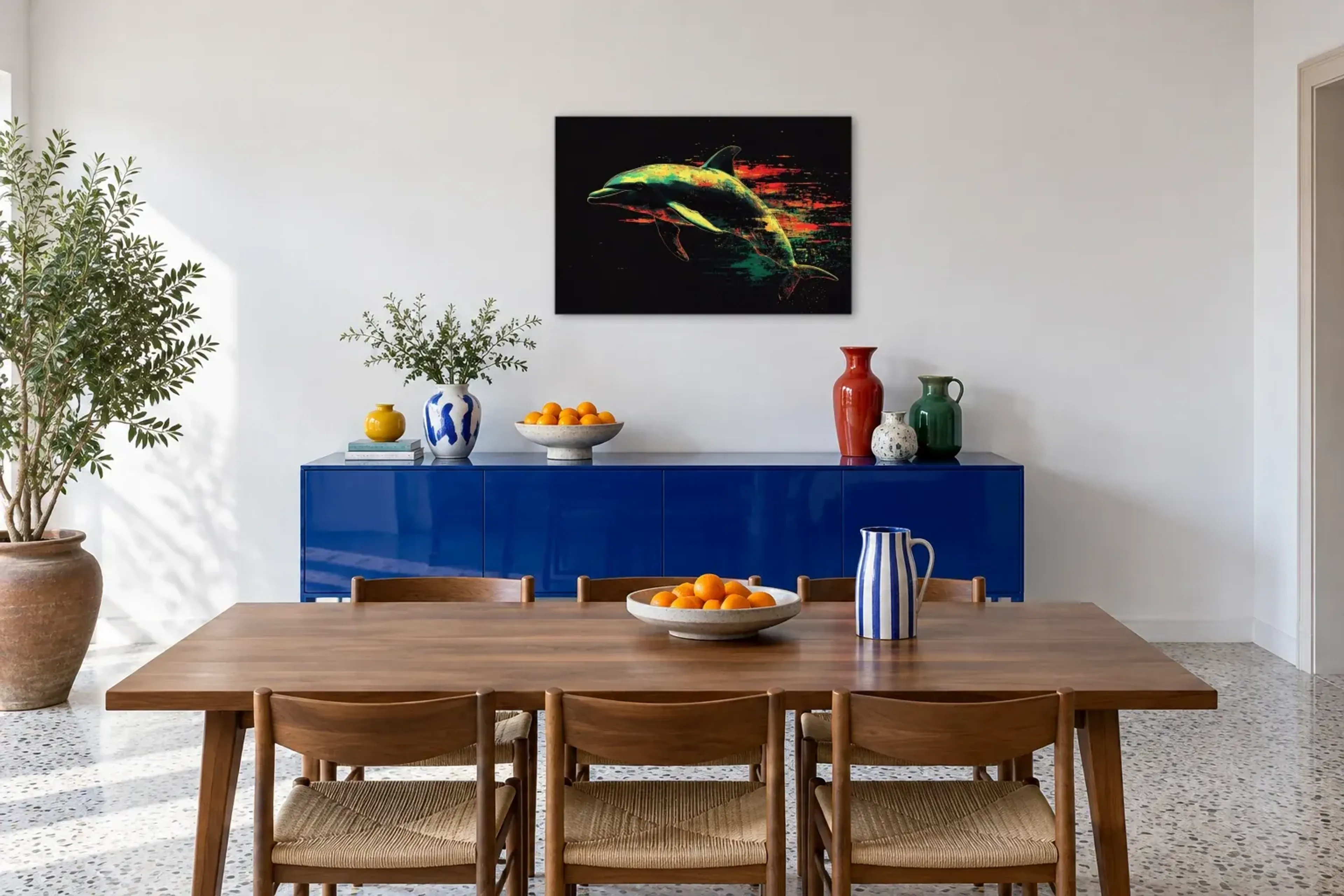 Delfin als Wandbild über einem 180-cm-Sideboard