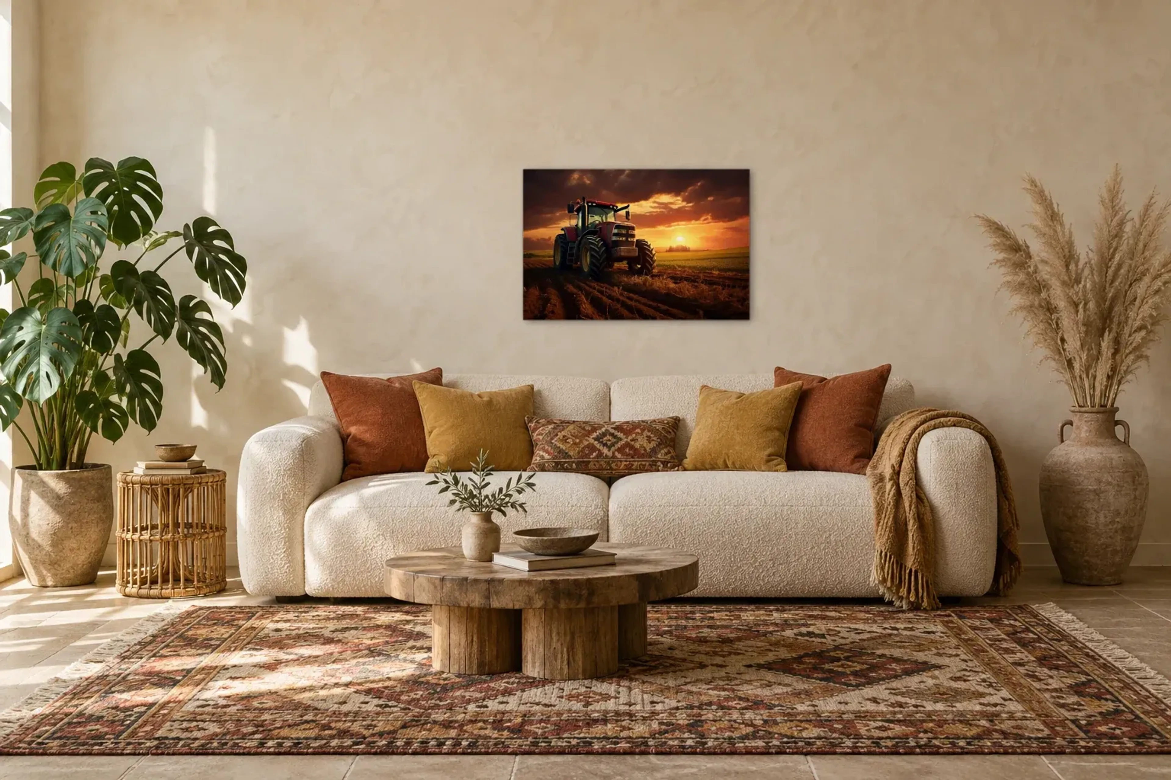 Traktor im Abendlicht als Wandbild über einem 220-cm-Sofa