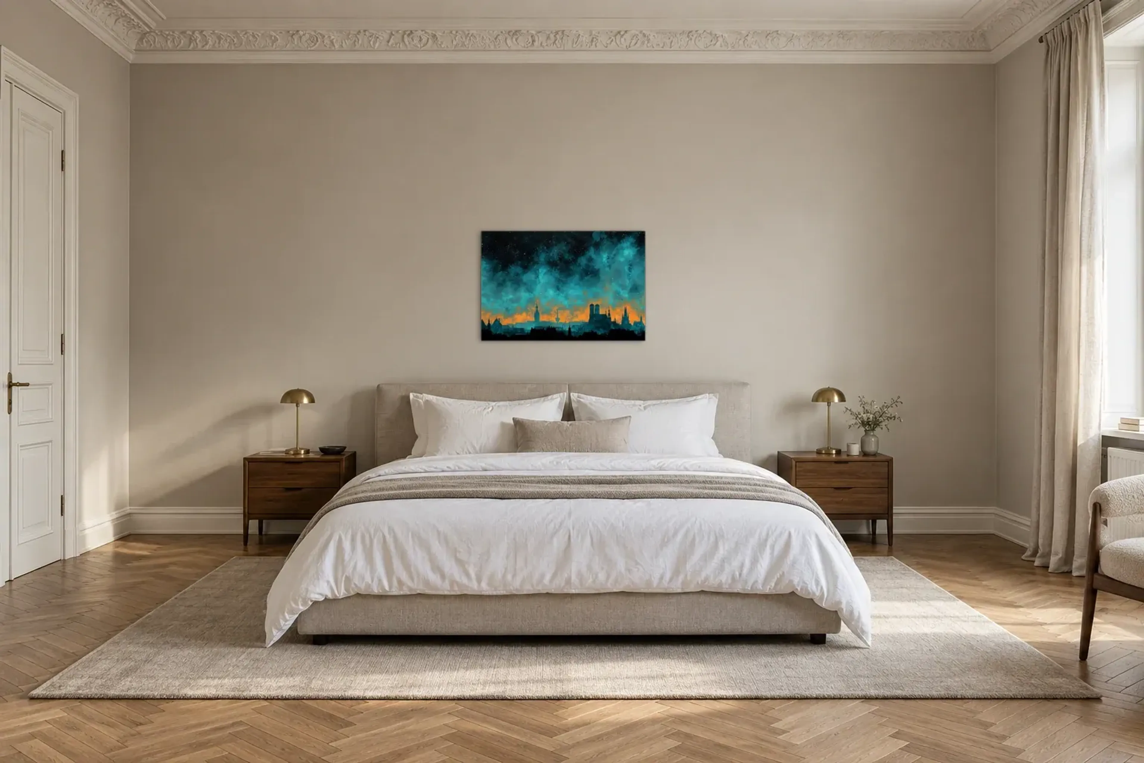 München am leuchtenden Horizont als Wandbild über einem 180-cm-Bett