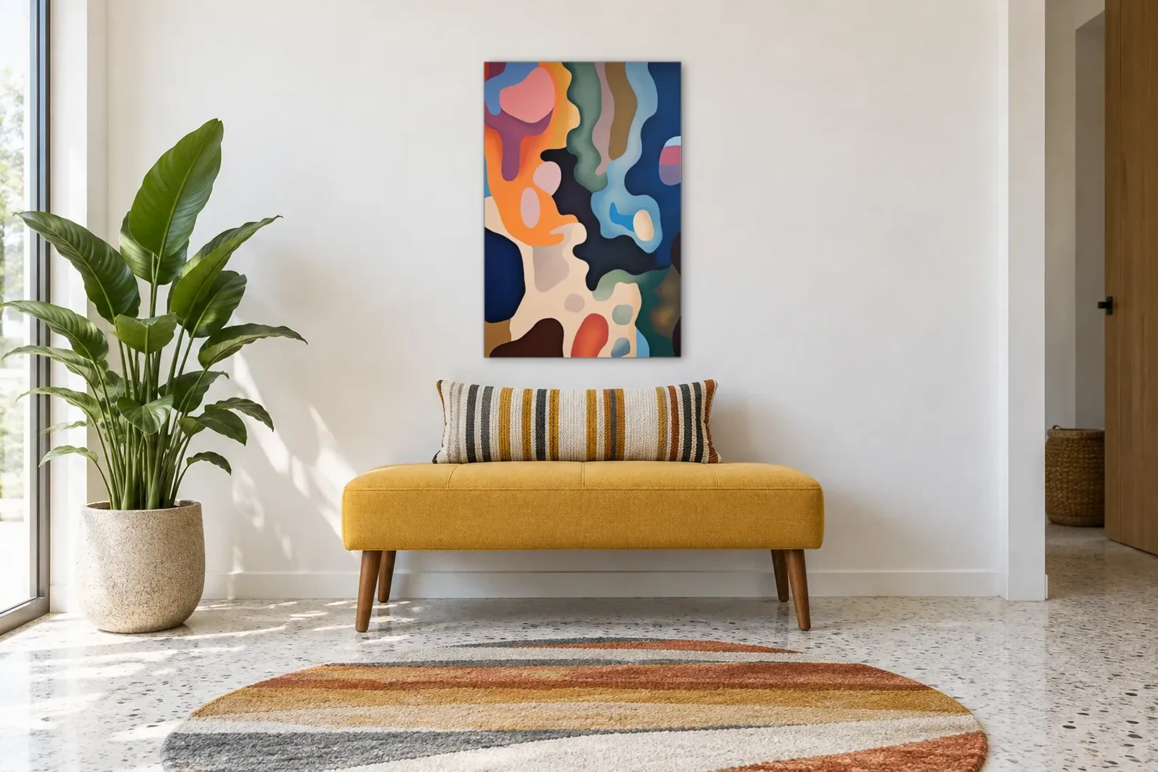 Fließende Farbformen als Wandbild über einer 120-cm-Bank