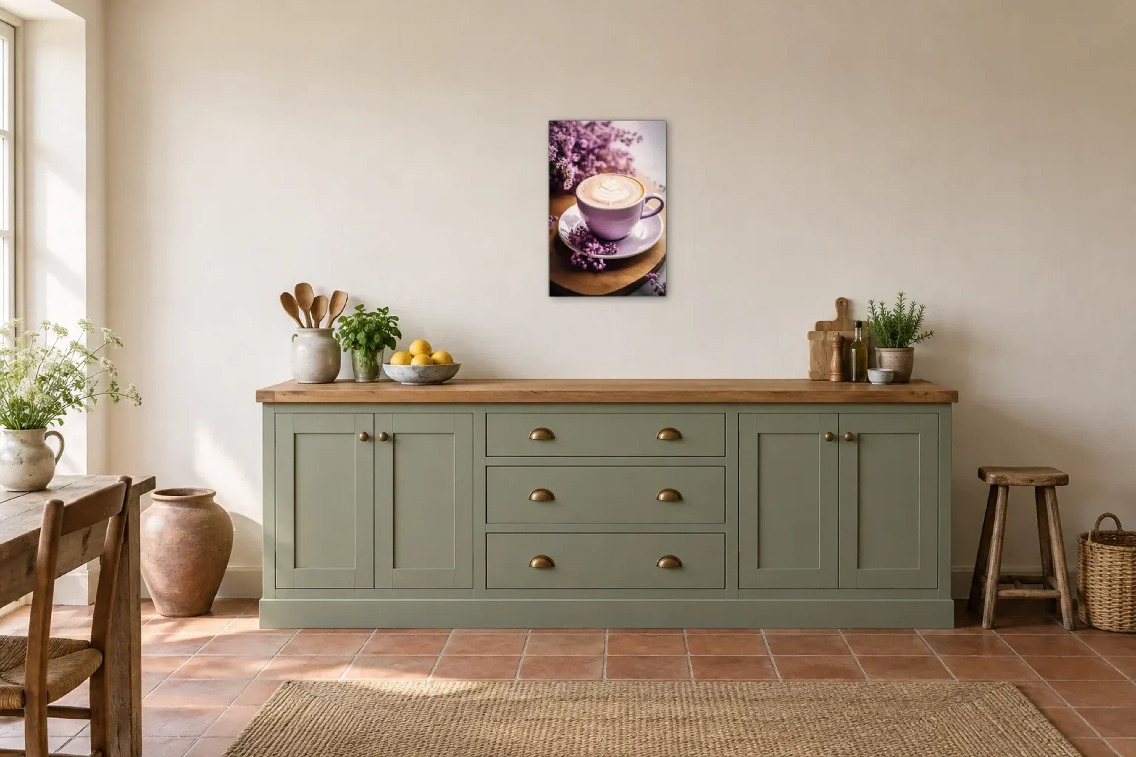 Kaffeetasse mit Blüten als Wandbild über einer 200-cm-Arbeitsplatte