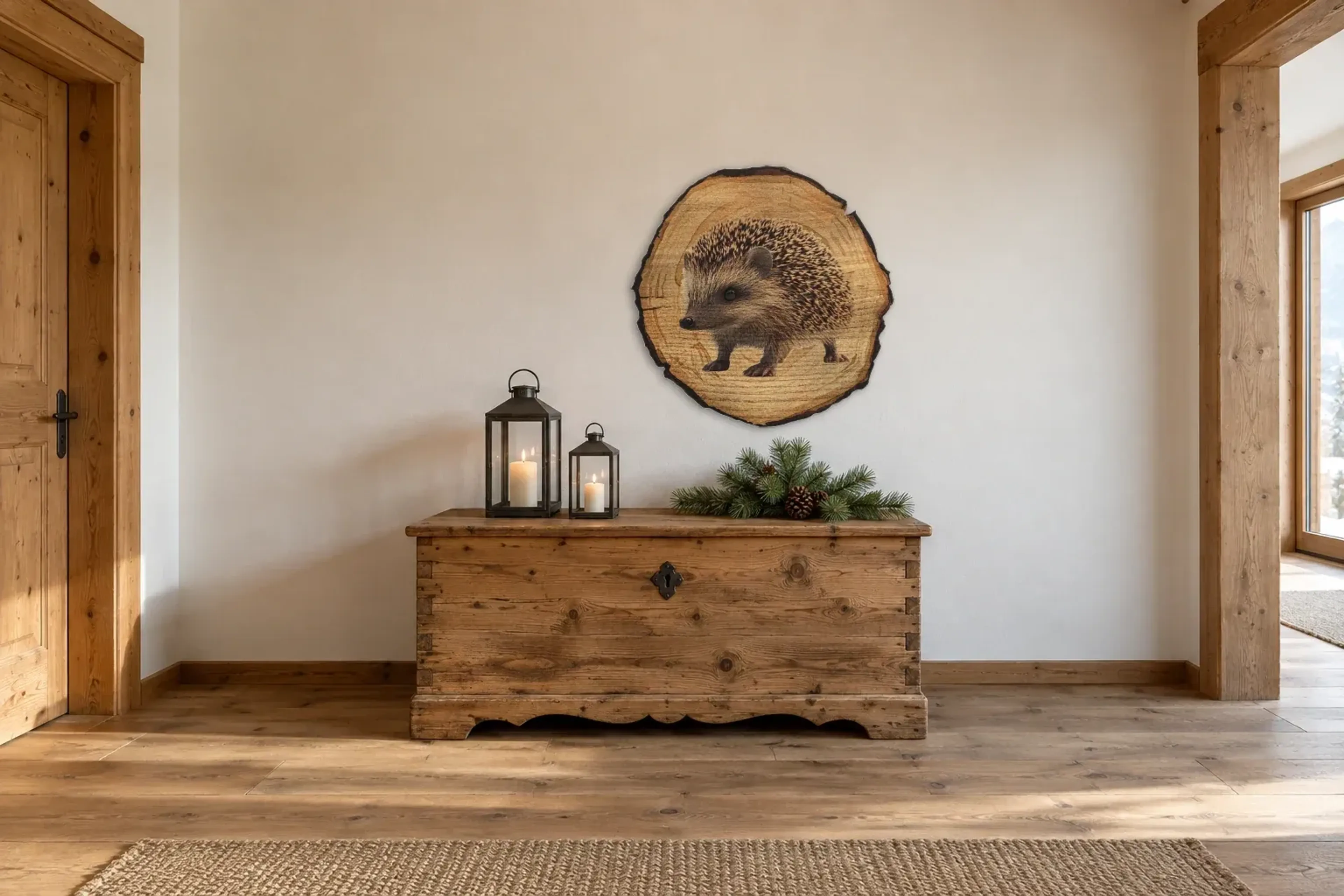 Igel auf kleinen Pfoten als Wandbild über einer 140-cm-Truhe