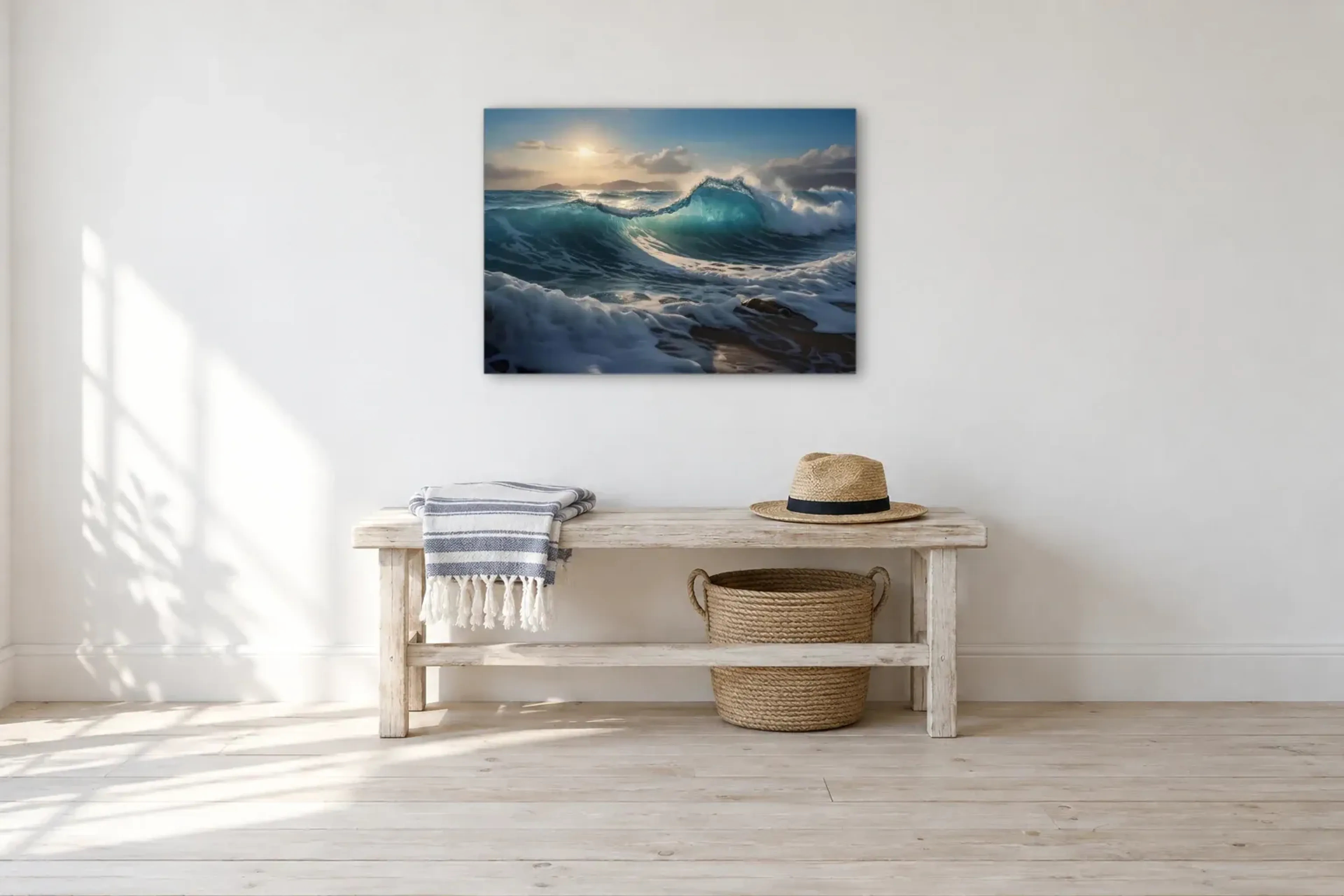 Wellen am Strand als Wandbild über einer 100-cm-Bank