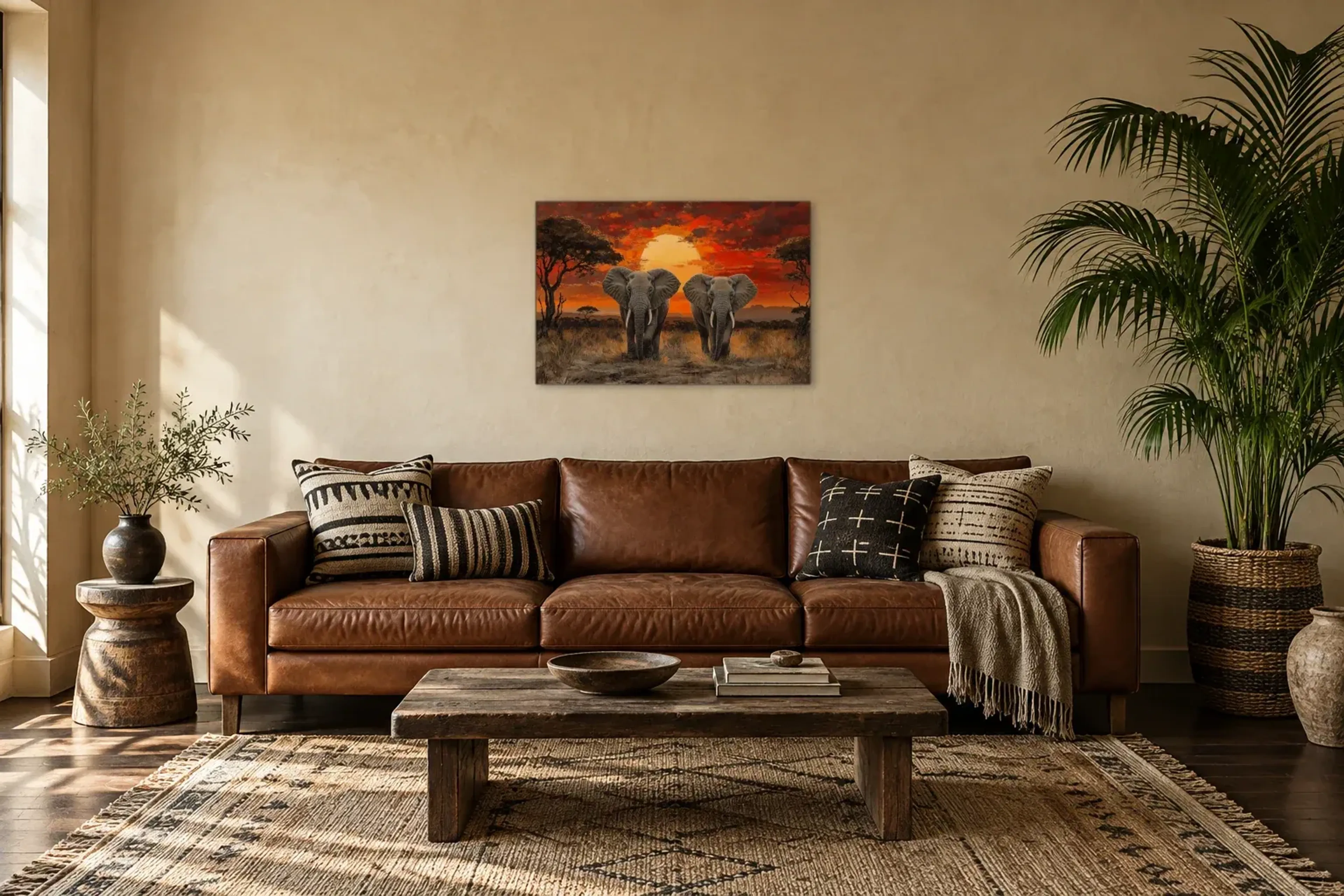 Elefanten im Abendlicht als Wandbild über einem 220-cm-Sofa