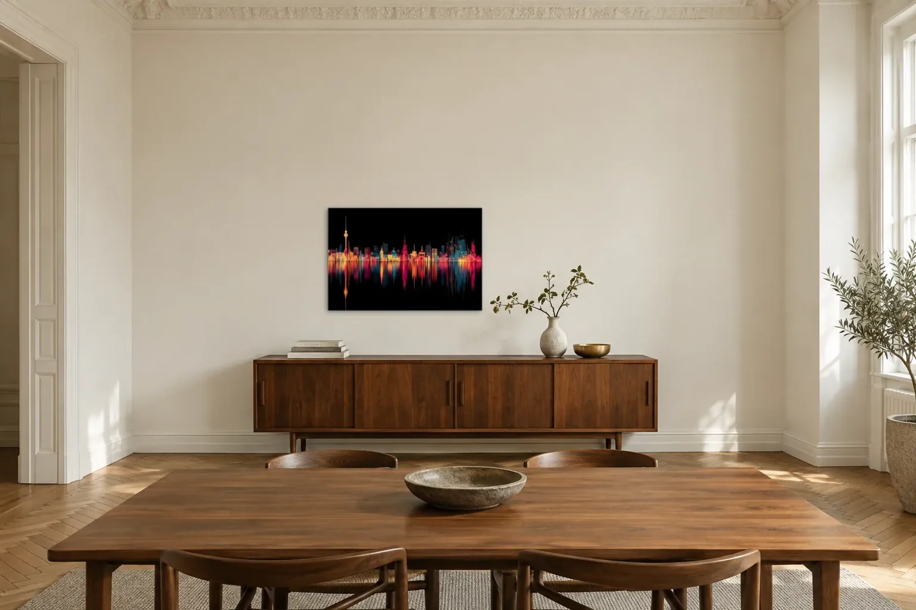 Berlin in Leuchtfarben als Wandbild über einem 200-cm-Sideboard