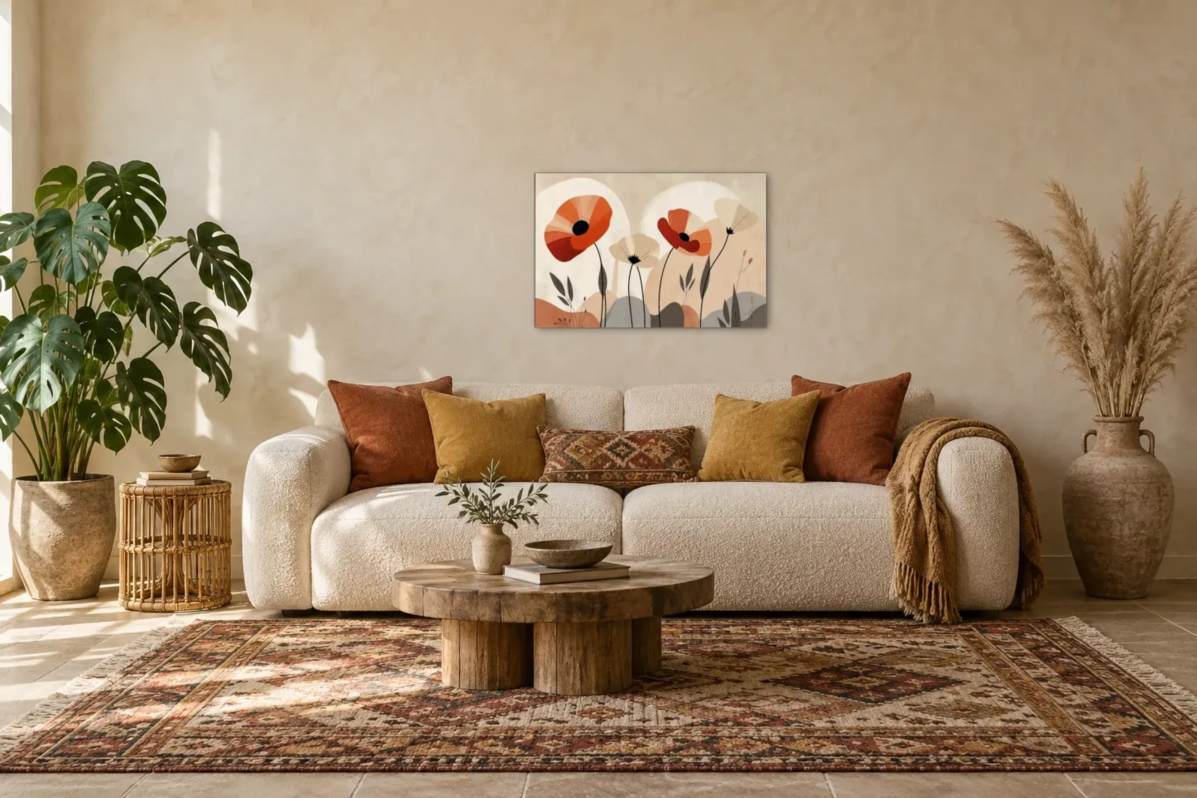Rote Blüten als Wandbild über einem 220-cm-Sofa