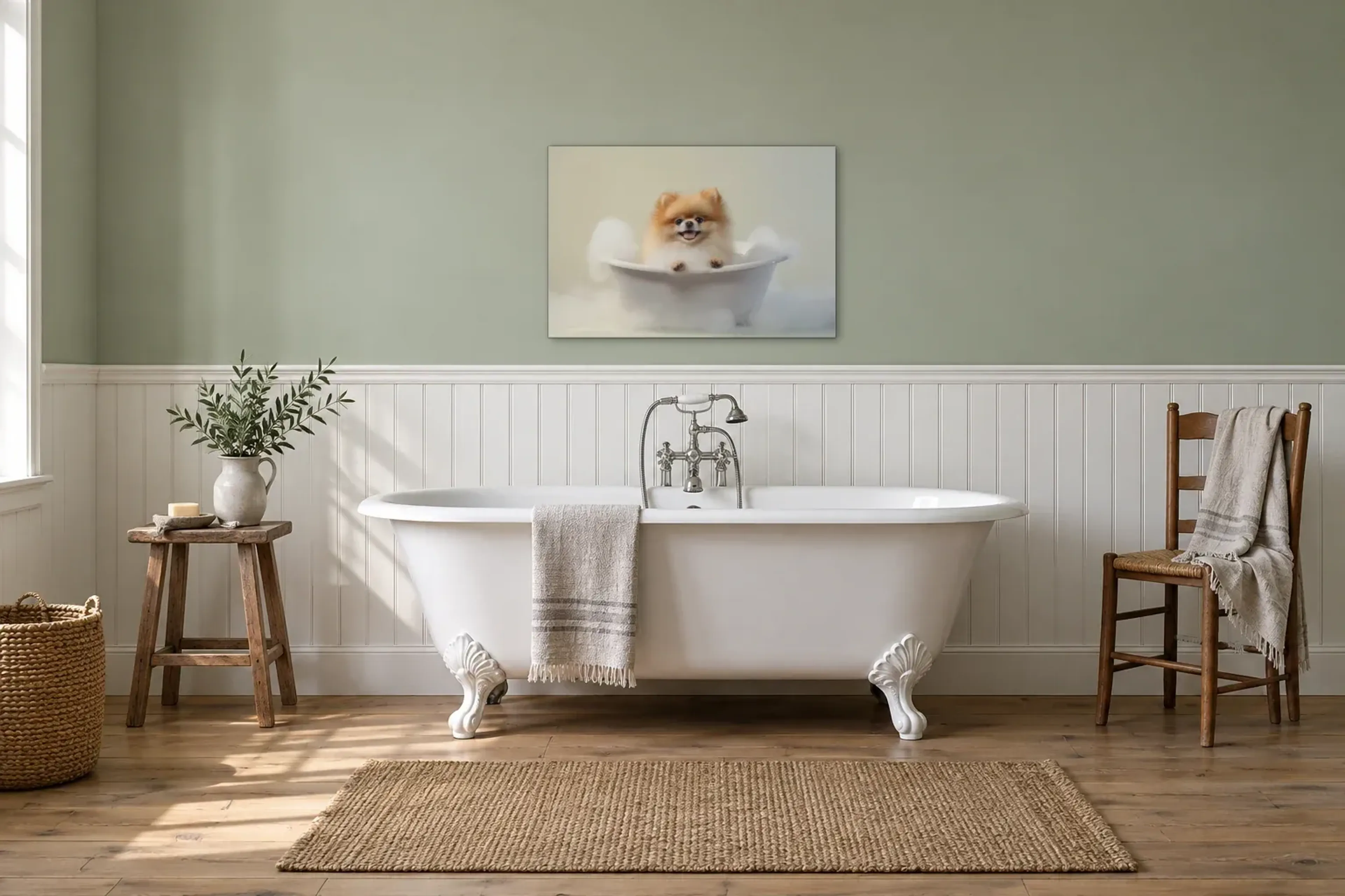 Pomeranian im Schaumbad als Wandbild über einer 170-cm-Badewanne