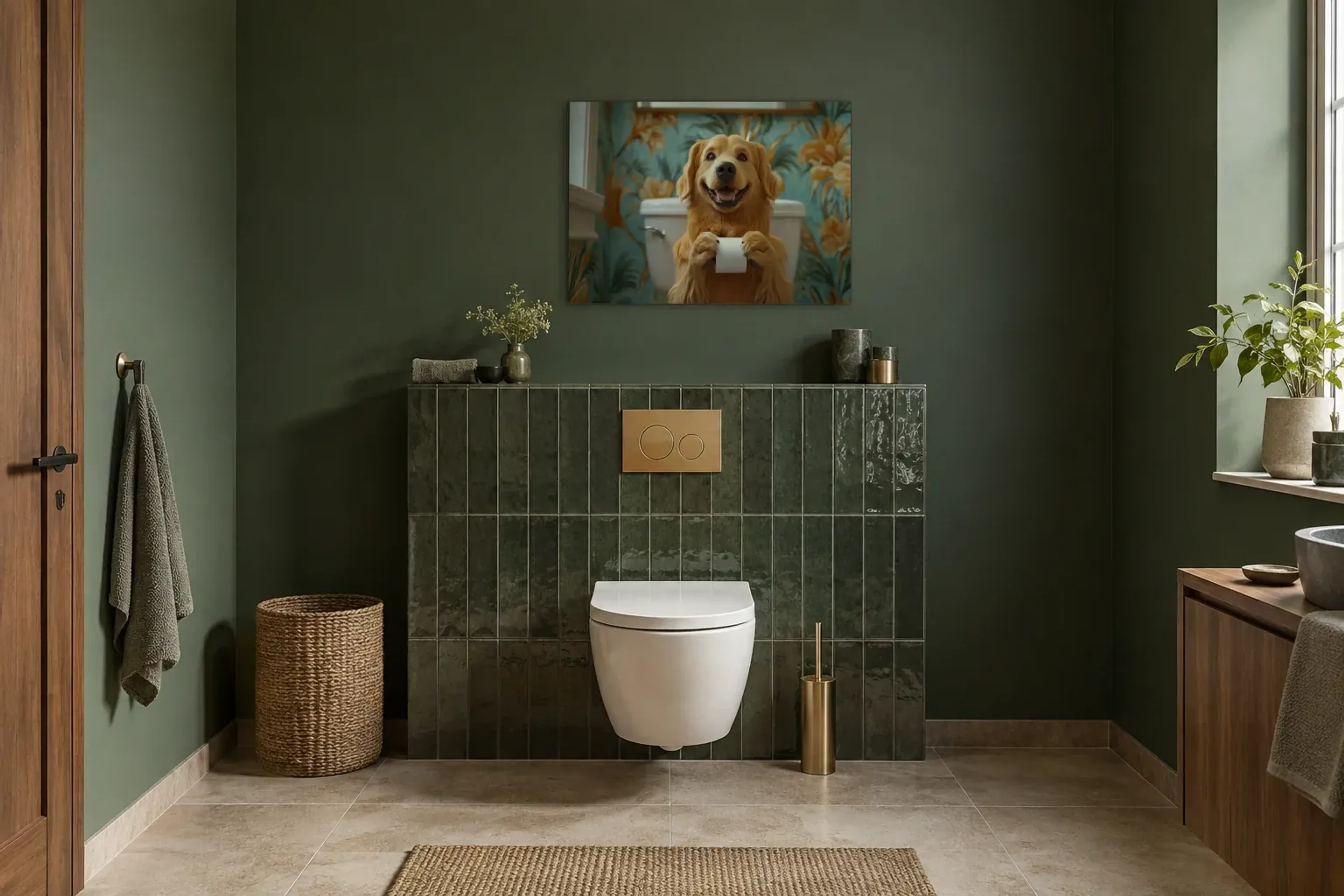 Retriever vor Blütentapete als Wandbild im Gäste-WC