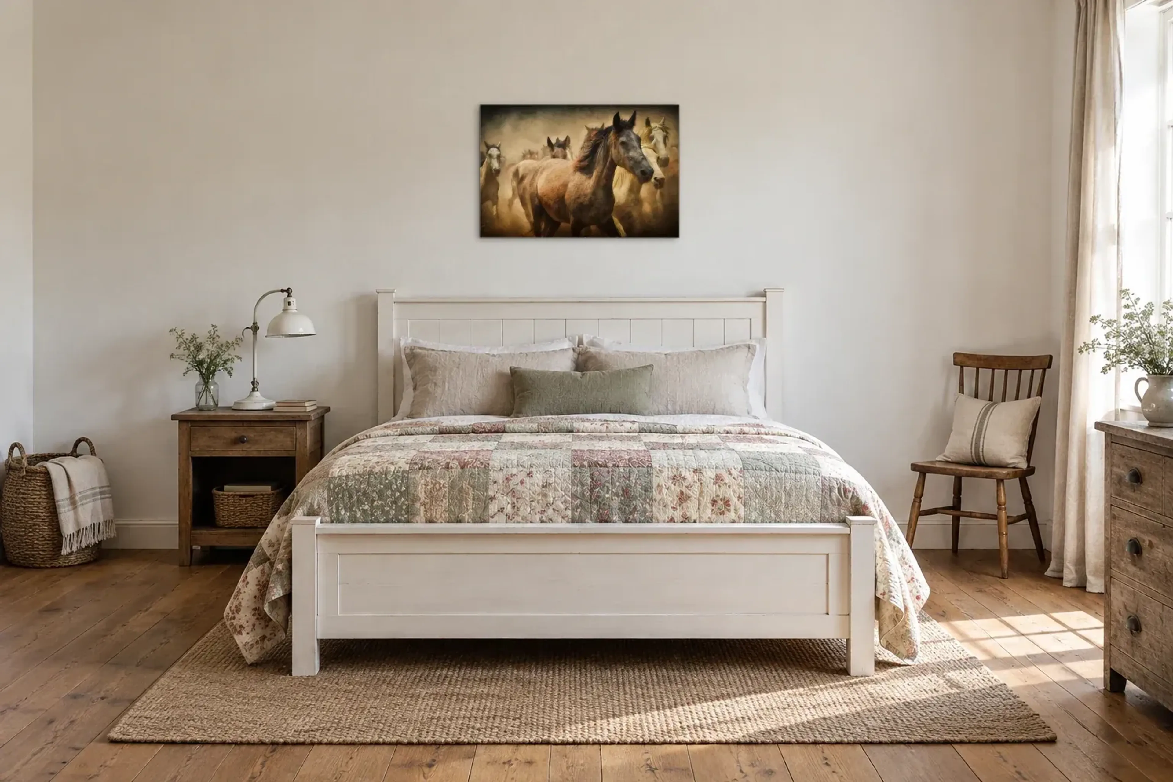 Pferde im goldenen Staub als Wandbild über einem 160-cm-Bett