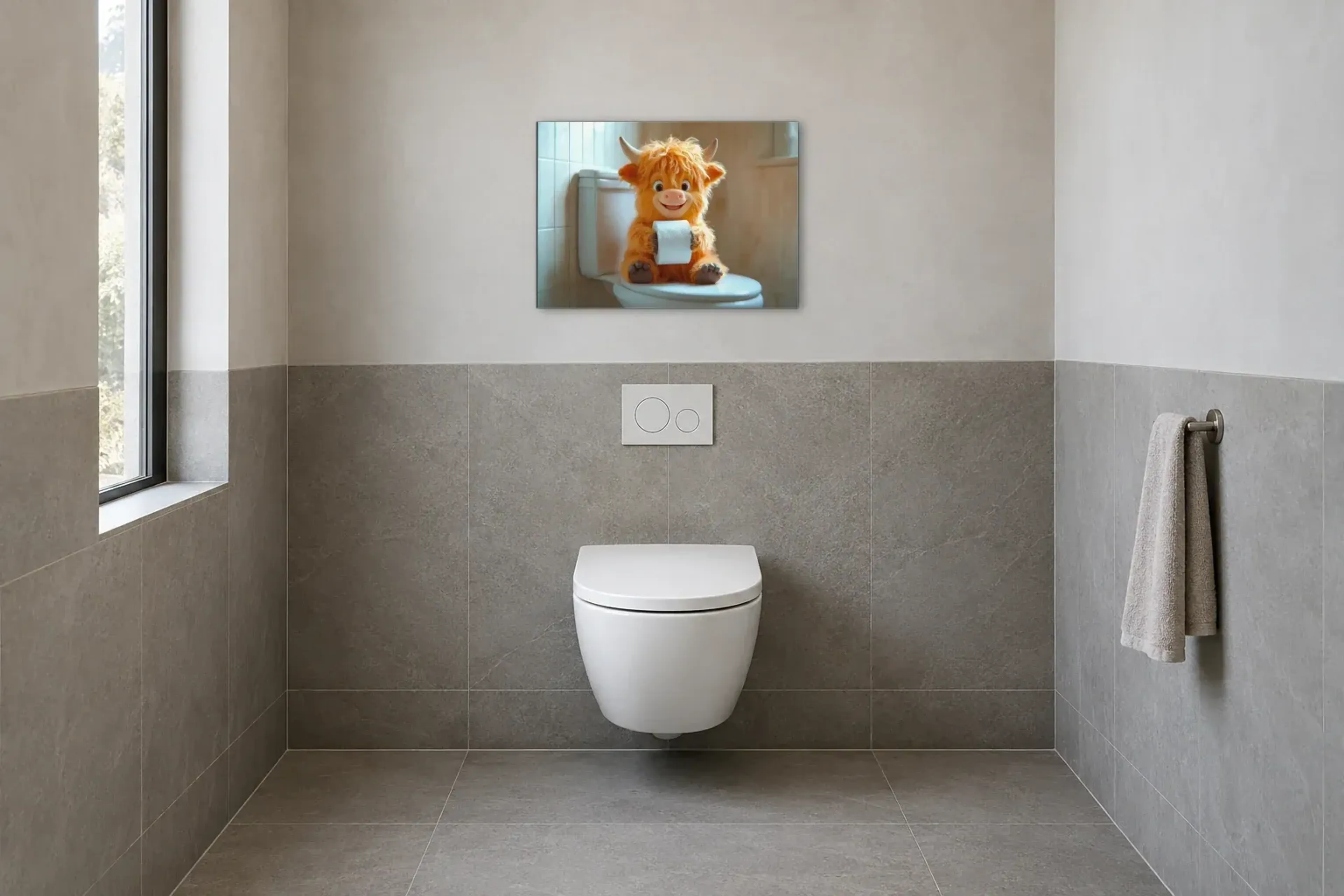 Hochlandrind mit kleinen Hörnern als Wandbild im Gäste-WC