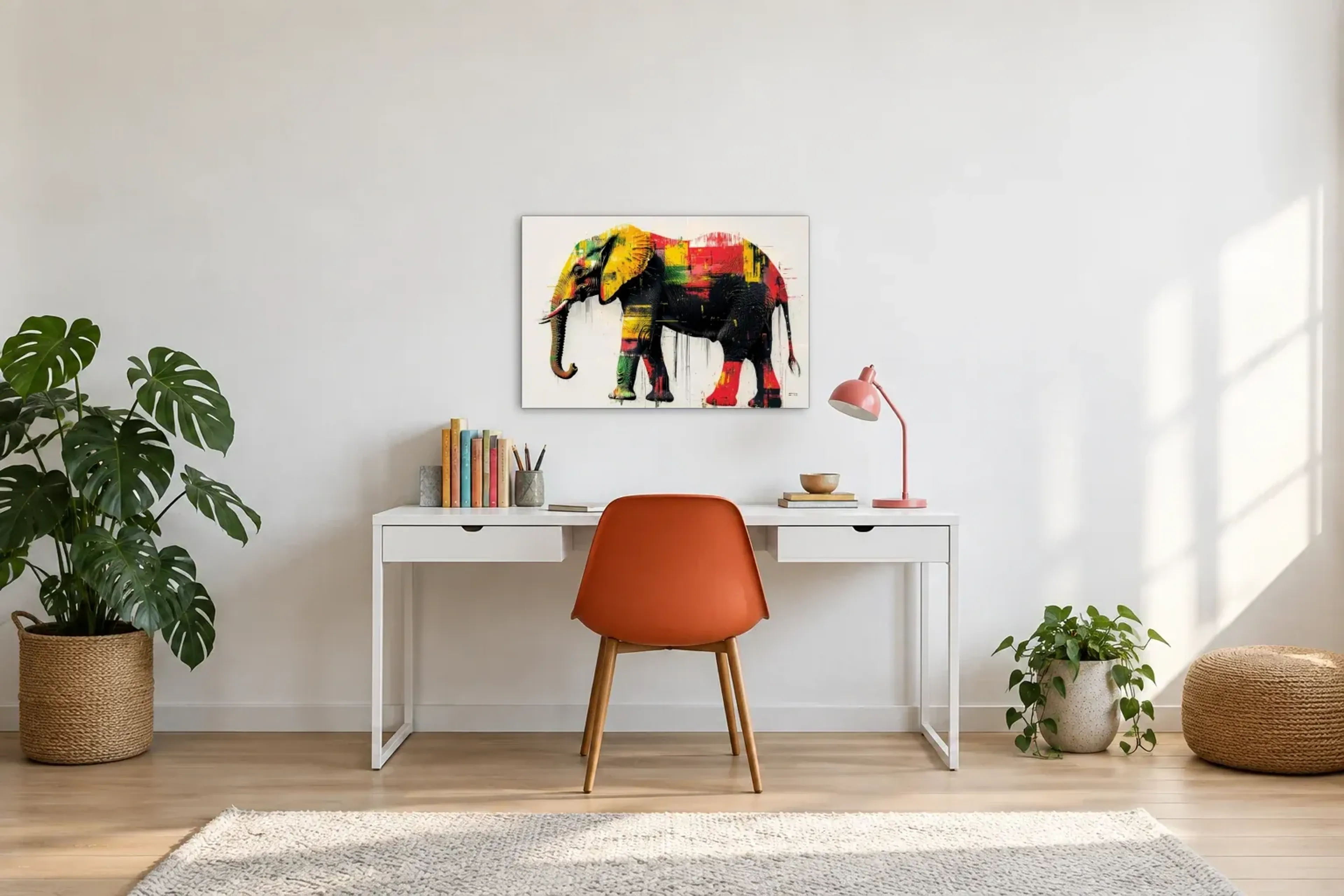 Elefant mit Farbstreifen als Wandbild über einem 140-cm-Schreibtisch