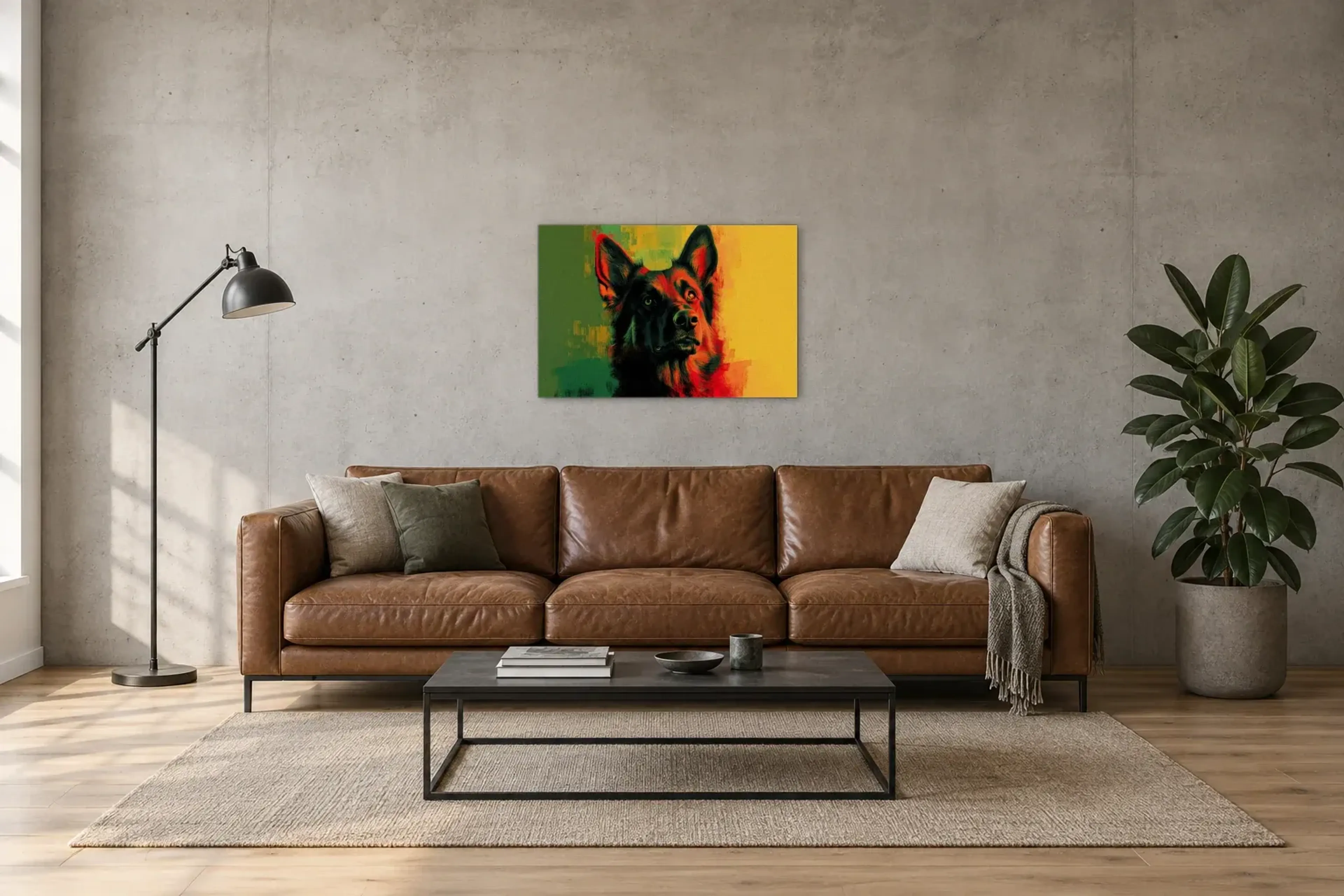 Schäferhund im Farbkontrast als Wandbild über einem 220-cm-Sofa
